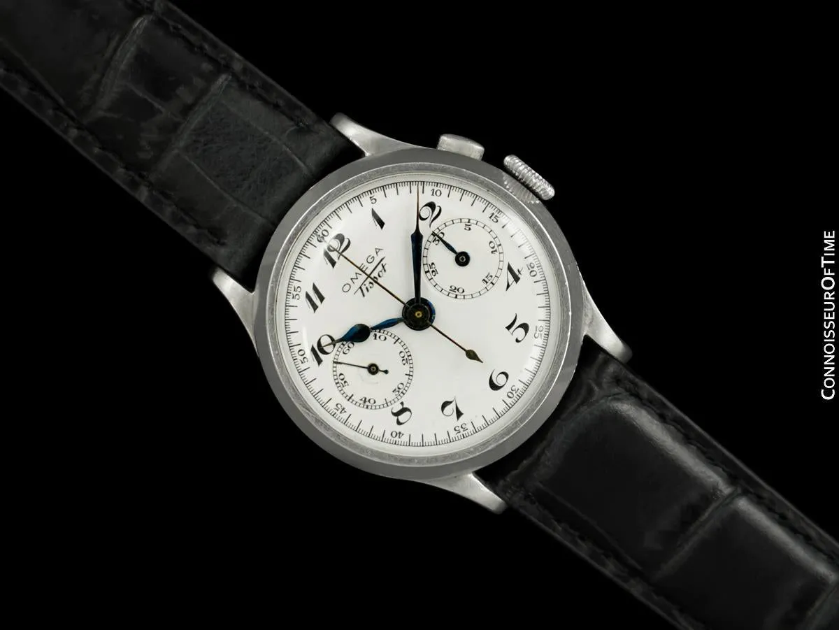 1930's Omega - Tissot Omega Caliber 28.9 (Lemania 13CH) Vintage Mens Midsize Chronograph - Stainless Steel