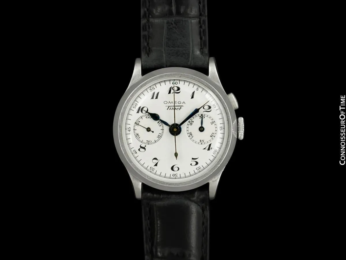 1930's Omega - Tissot Omega Caliber 28.9 (Lemania 13CH) Vintage Mens Midsize Chronograph - Stainless Steel