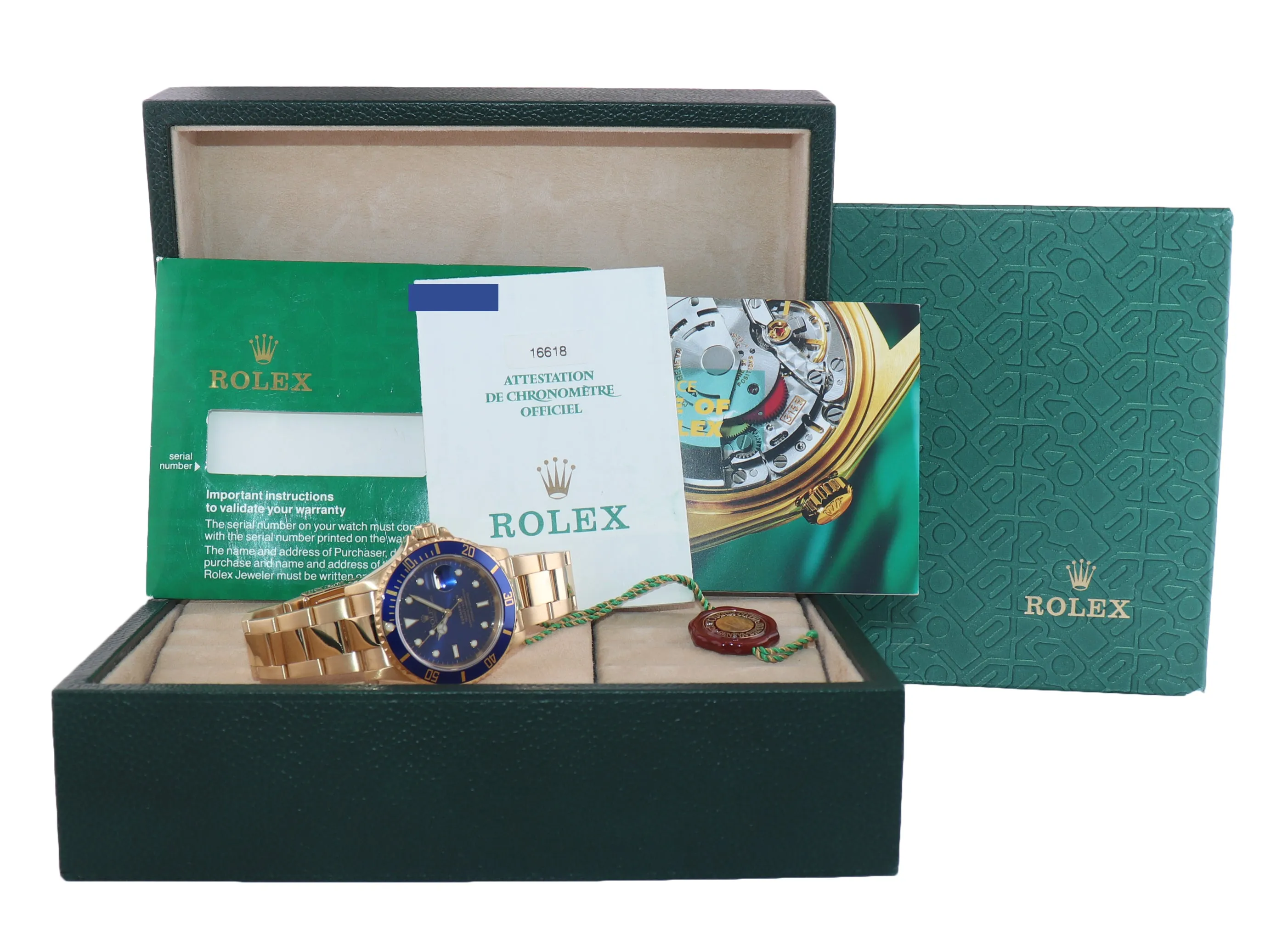 1999 PAPERS Rolex 16618 Submariner 18K Yellow Gold Blue Sunburst Dial Watch Box