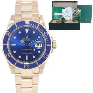 1999 PAPERS Rolex 16618 Submariner 18K Yellow Gold Blue Sunburst Dial Watch Box