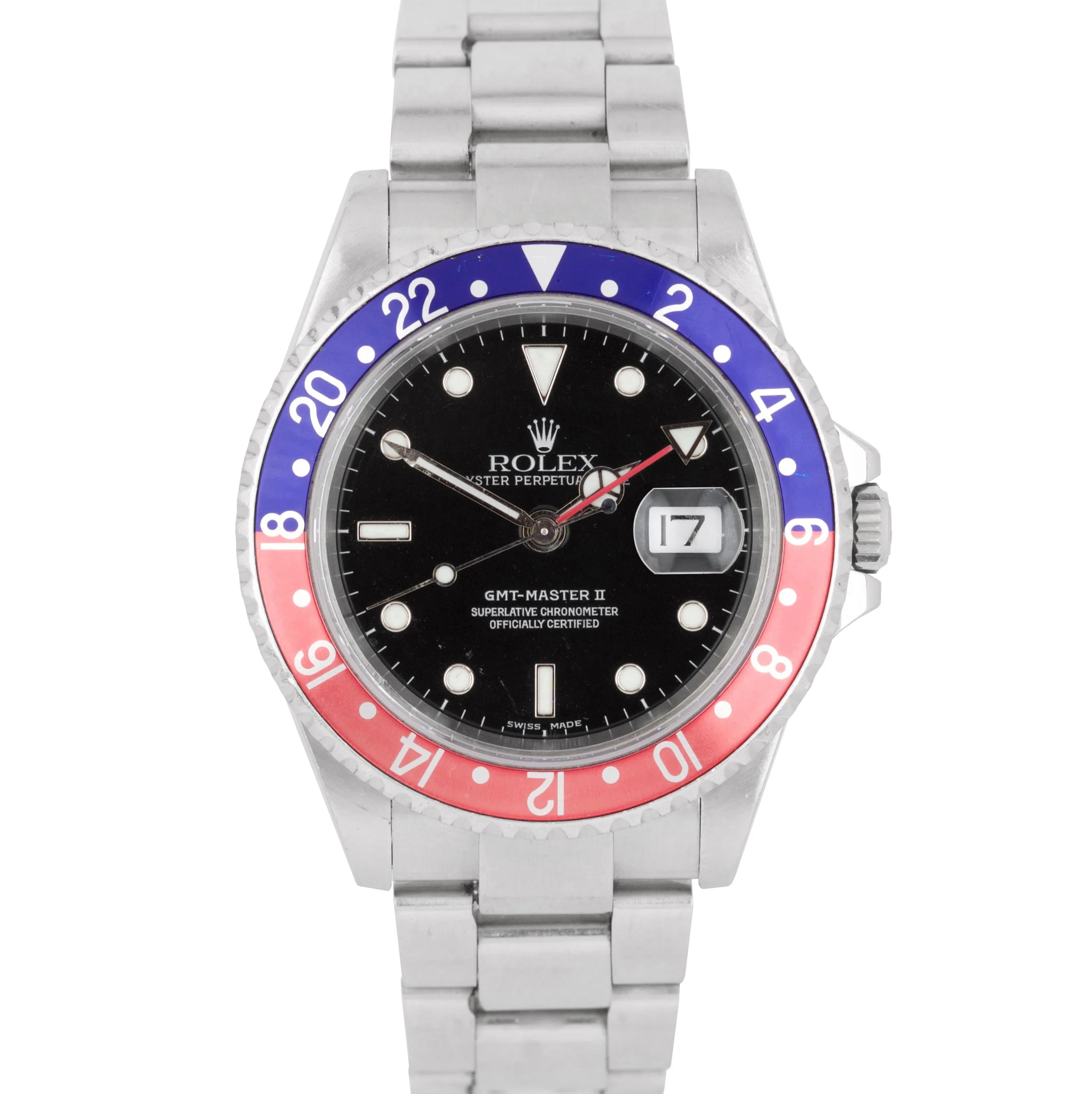 2004 Rolex GMT-Master II PEPSI Stainless Steel Black 40mm NO-HOLES Watch 16710