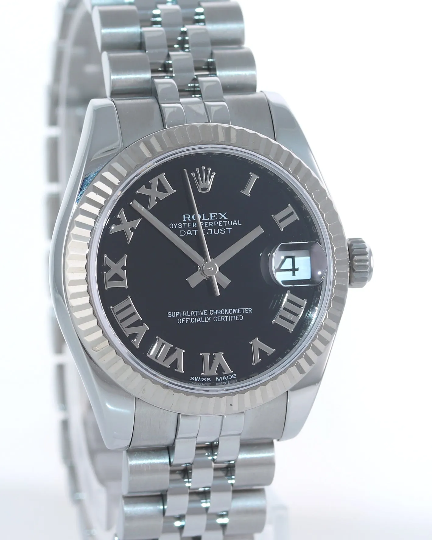 2015 Ladies Rolex DateJust MidSize 31mm Black Roman Fluted Steel 178274 Watch Bo