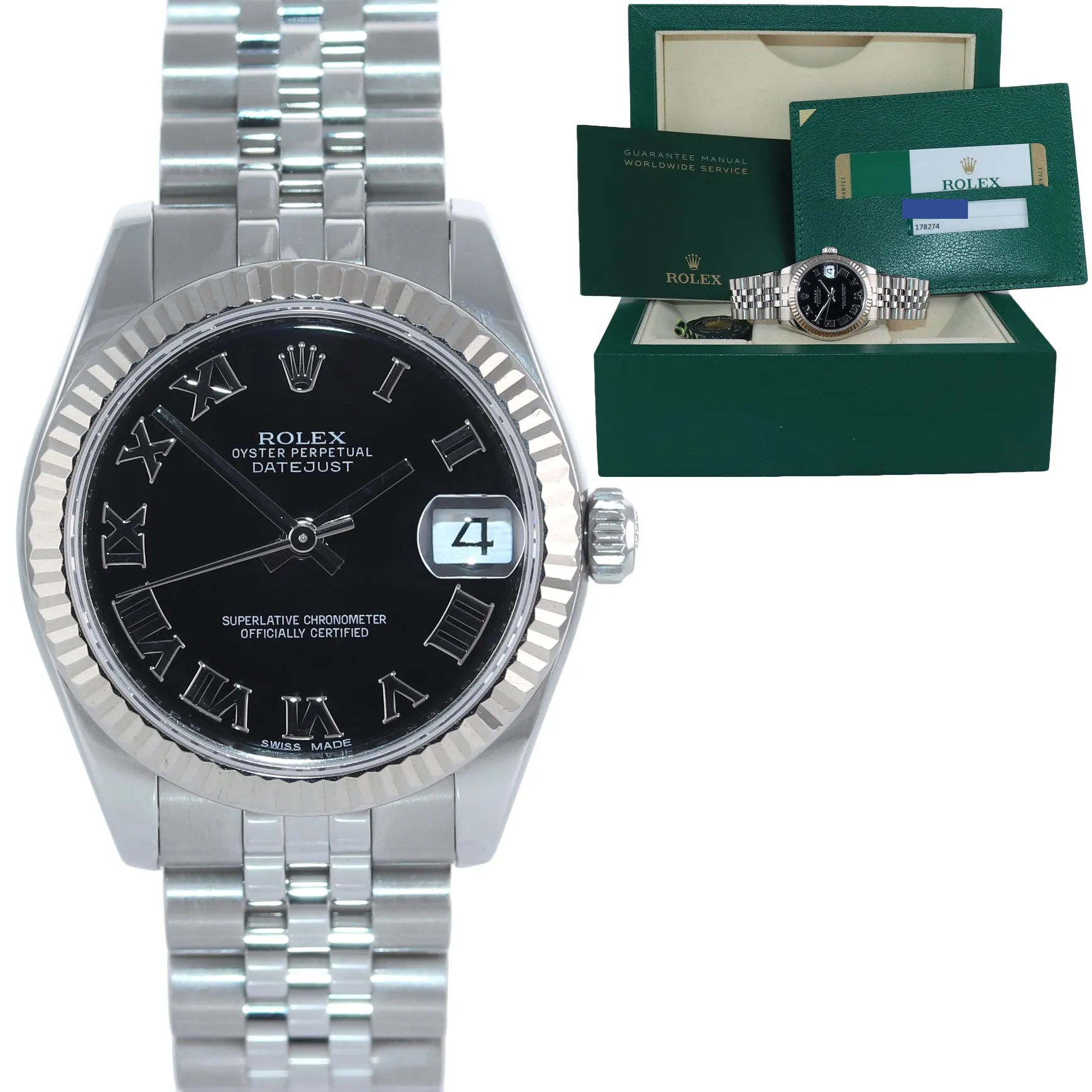 2015 Ladies Rolex DateJust MidSize 31mm Black Roman Fluted Steel 178274 Watch Bo
