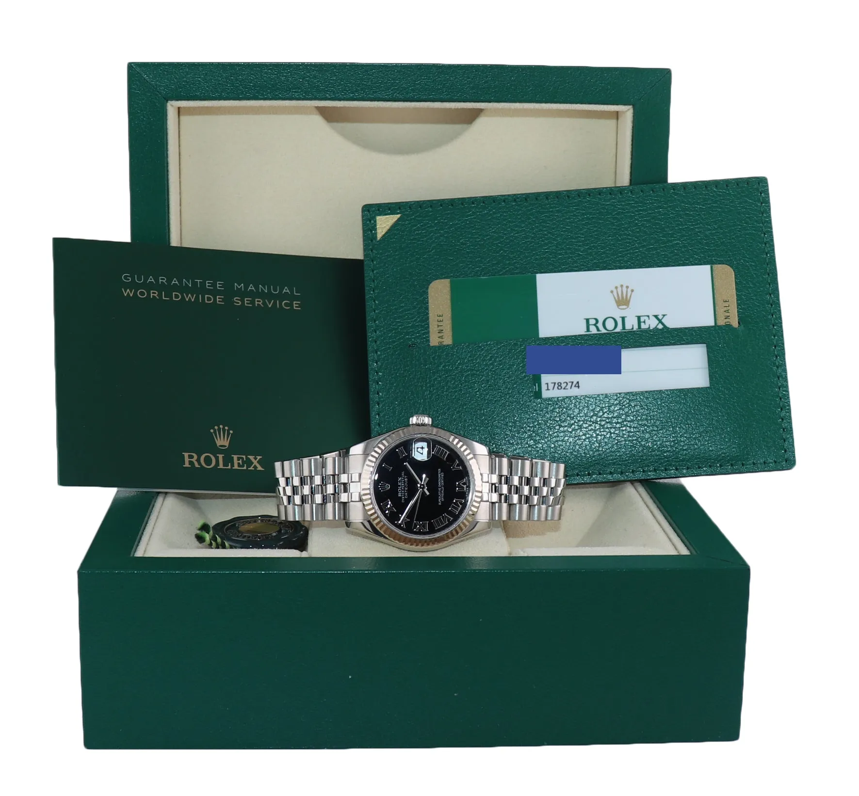 2015 Ladies Rolex DateJust MidSize 31mm Black Roman Fluted Steel 178274 Watch Bo