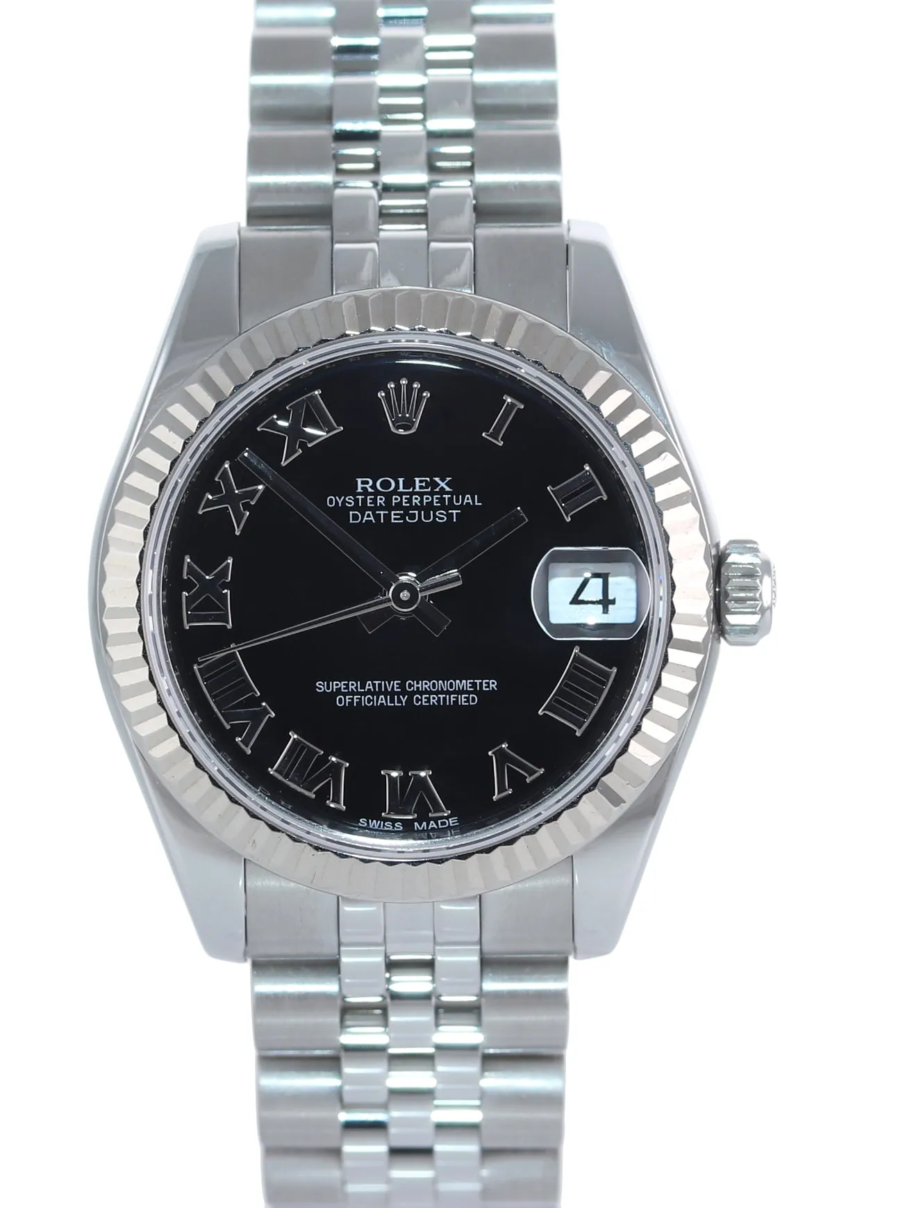 2015 Ladies Rolex DateJust MidSize 31mm Black Roman Fluted Steel 178274 Watch Bo