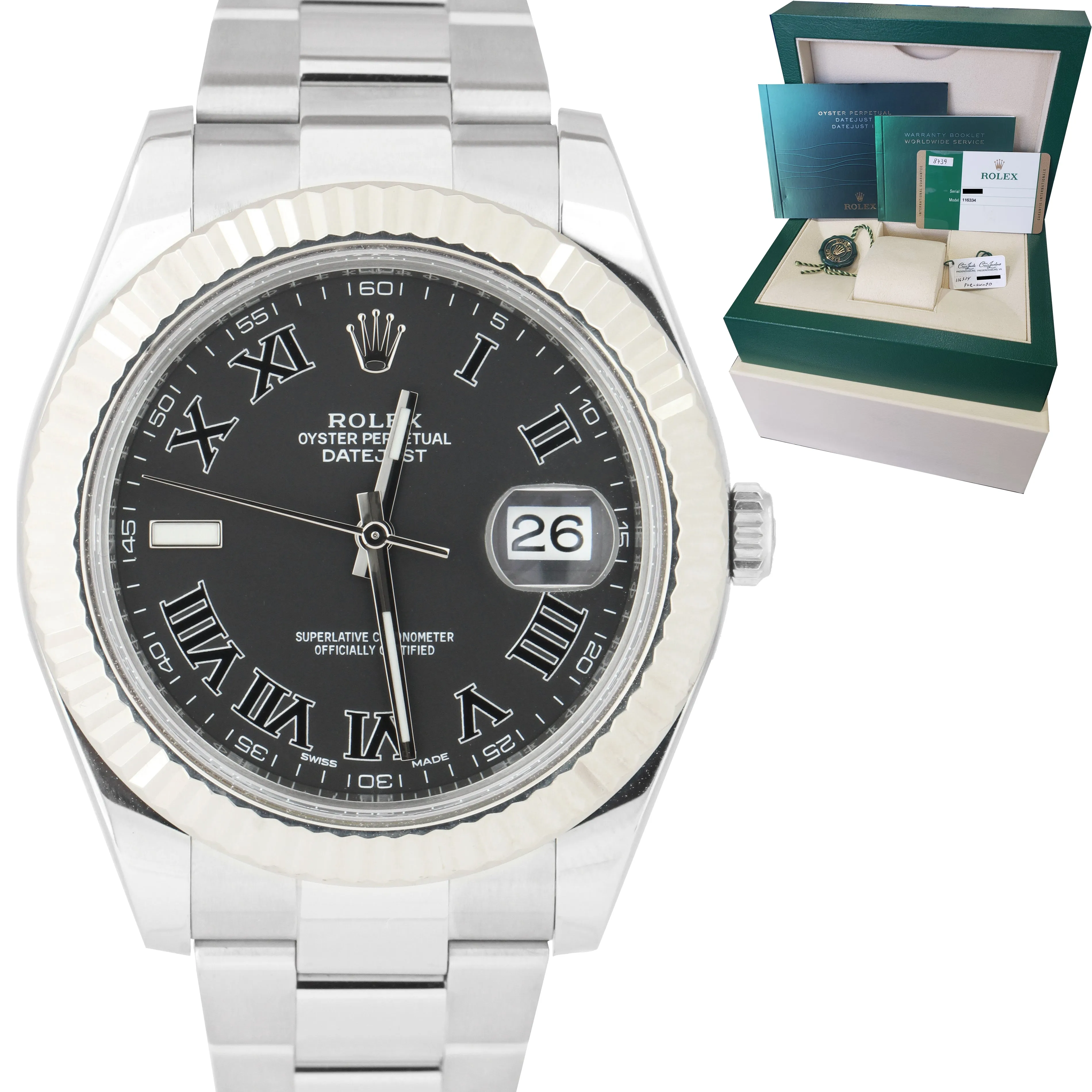 2016 Rolex Datejust II 2 41MM Gray Black Roman 116334 Steel 18K White Gold Watch