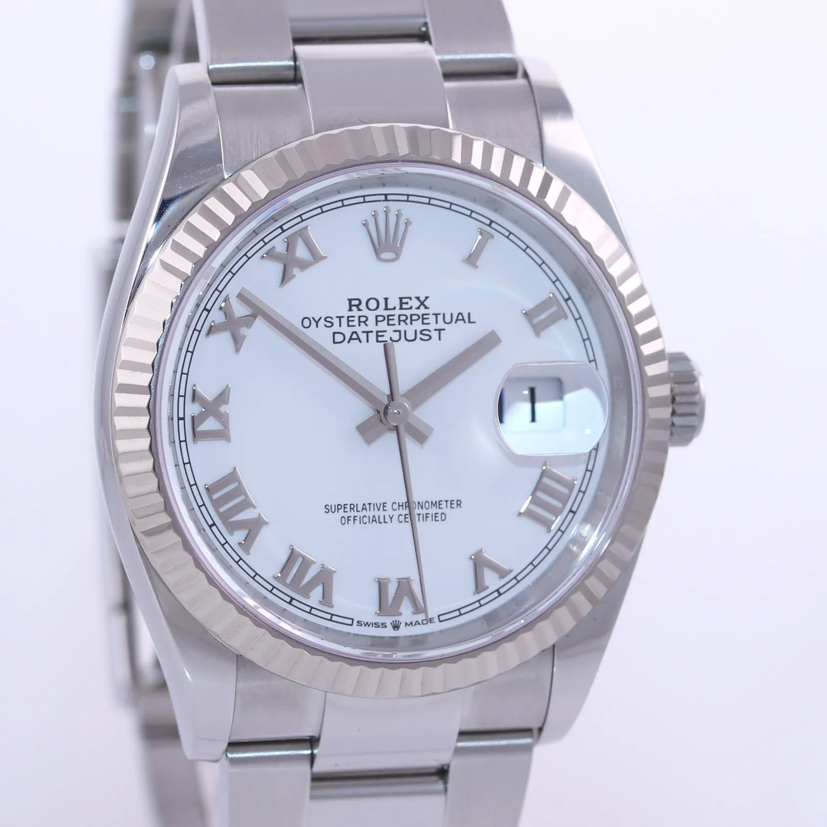 2020 NEW Rolex DateJust White Roman 36mm 126234 Steel White Gold Fluted Watch