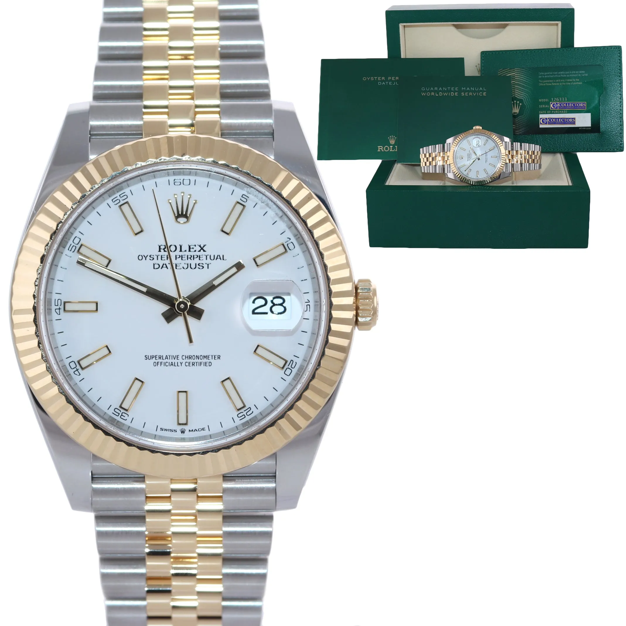 2021 PAPERS Rolex DateJust 41 126333 Two Tone Gold Jubilee White Dial 41 Watch