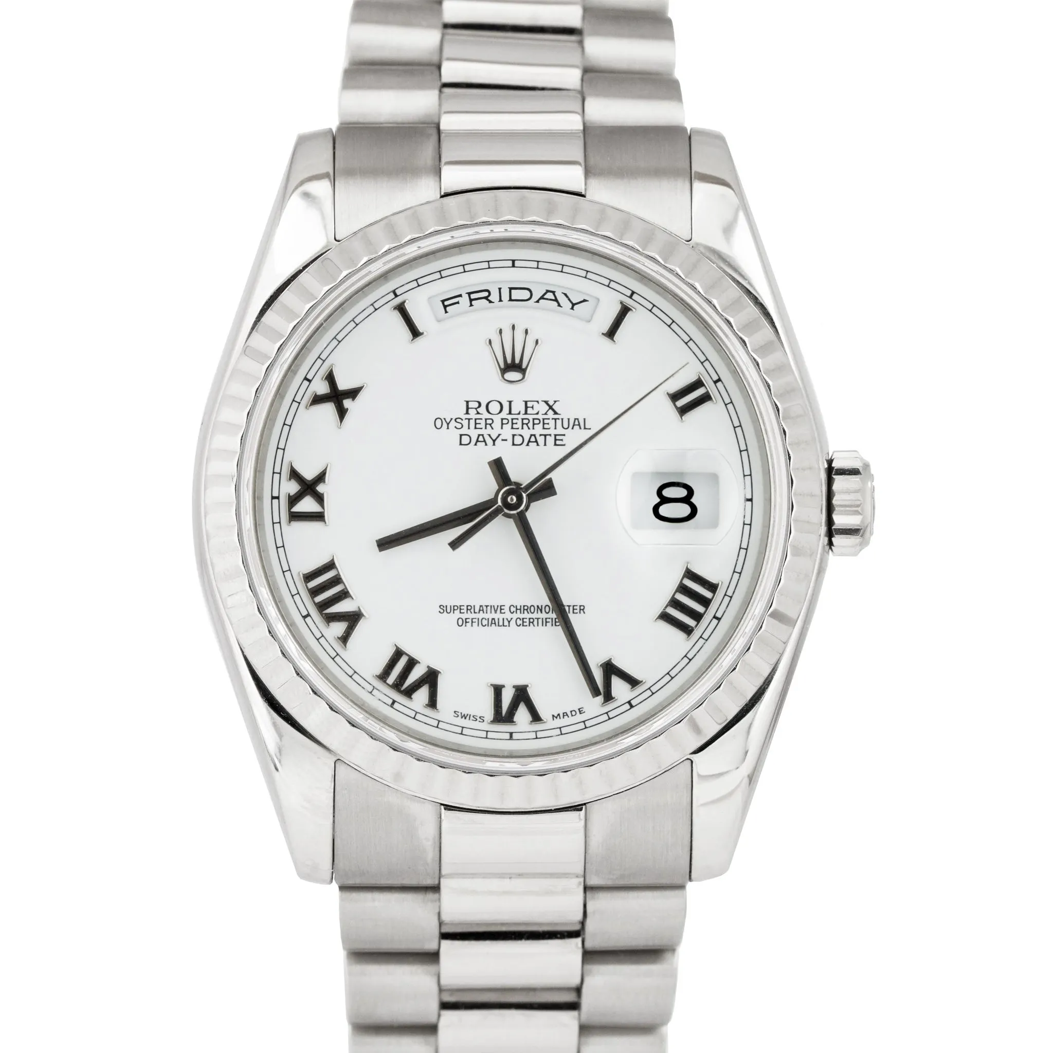 2022 RSC Day-Date President 36mm 18K White Gold White Roman Dial Watch 118239