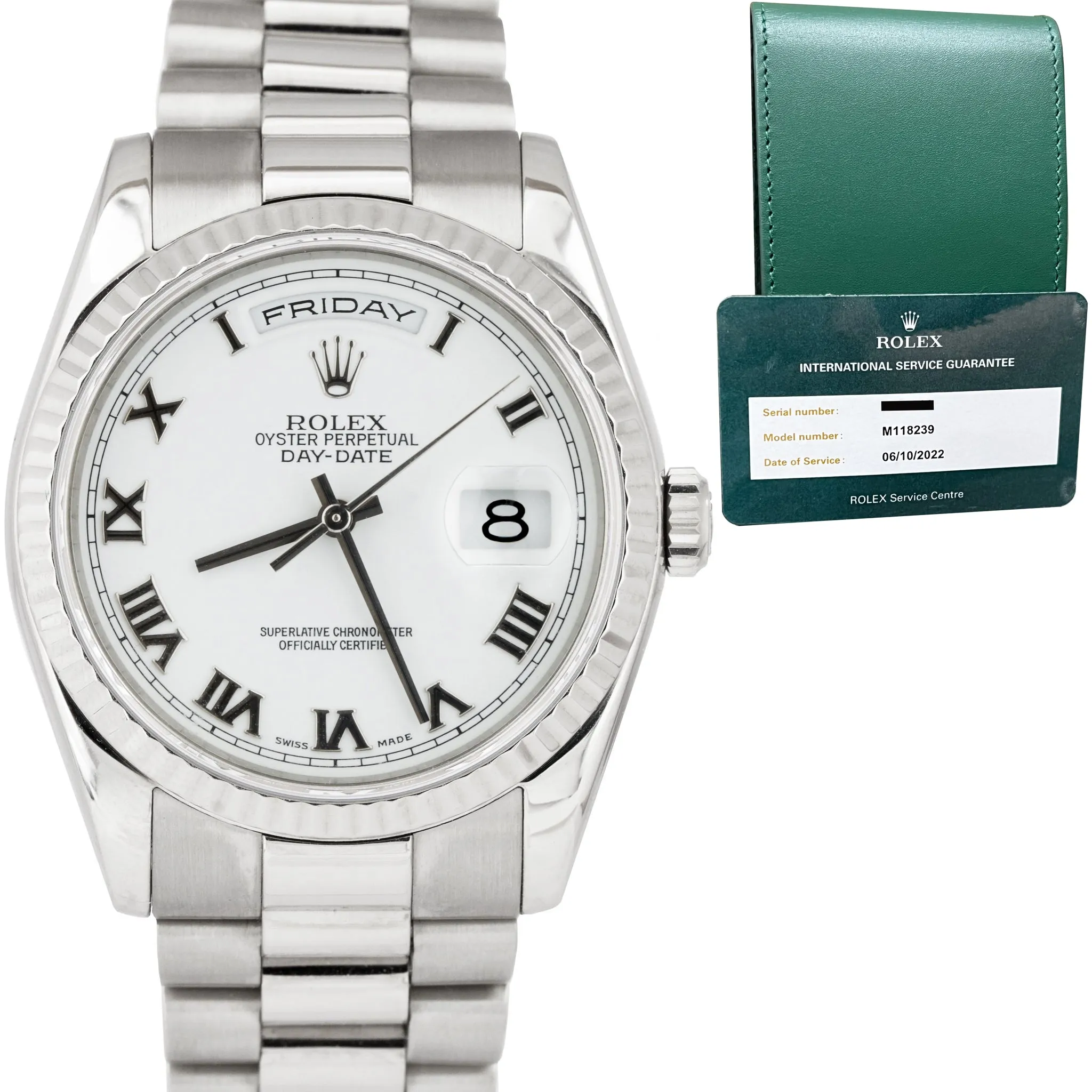 2022 RSC Day-Date President 36mm 18K White Gold White Roman Dial Watch 118239
