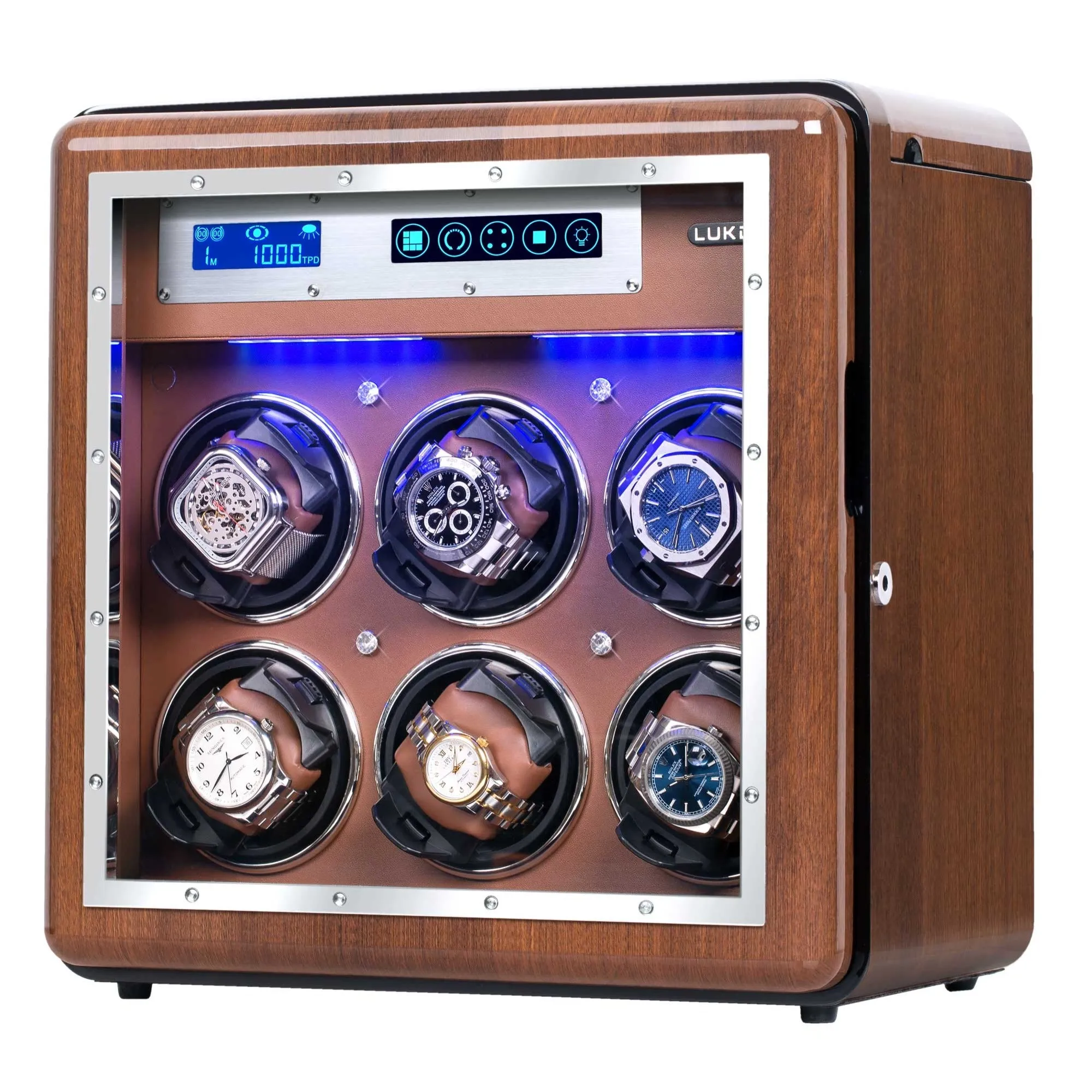 6 4 Walnut Wood Automatic Quad Watch Winder, LUKDOF