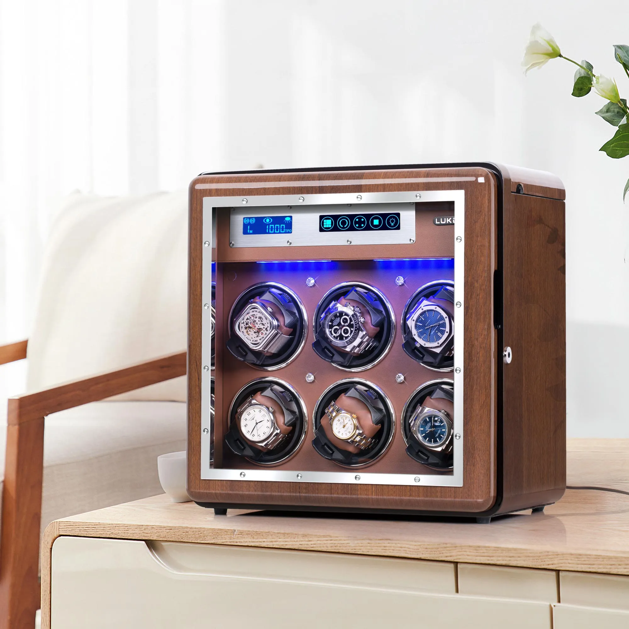 6 4 Walnut Wood Automatic Quad Watch Winder, LUKDOF