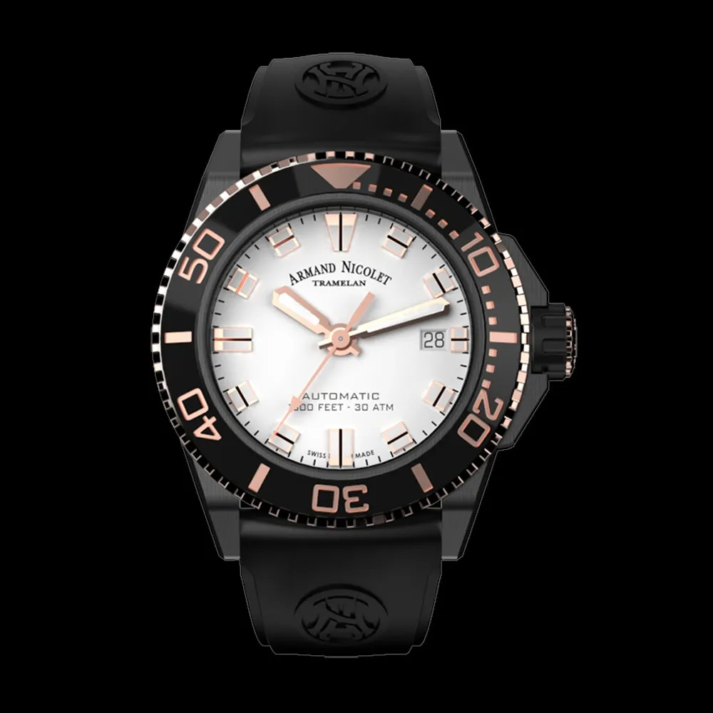 ARMAND NICOLET JS9-41 MEN'S AUTOMATIC BLACK STRAP SILVER DIAL WATCH