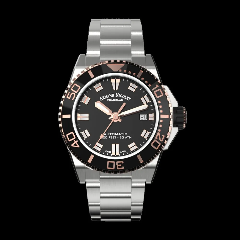 ARMAND NICOLET JS9-41 MEN'S AUTOMATIC STEEL BRACELET BLACK DIAL WATCH