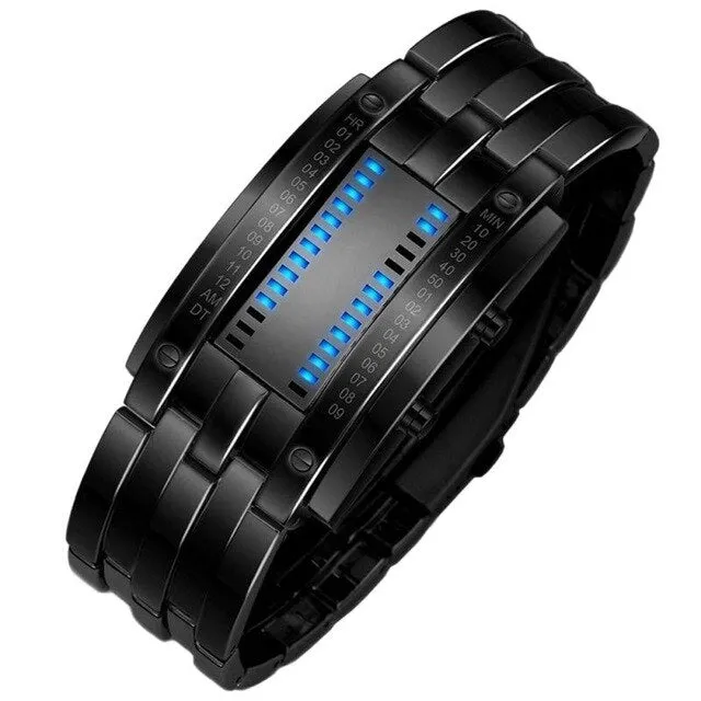 Binary Watch Men\'s Women Black Stainless Steel Date Digital LED Bracelet Sport Watches
