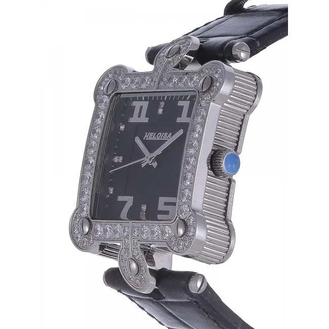 Black Genuine Leather with Crystals Silver Watch for Men and Women - Heloisa 76120050
