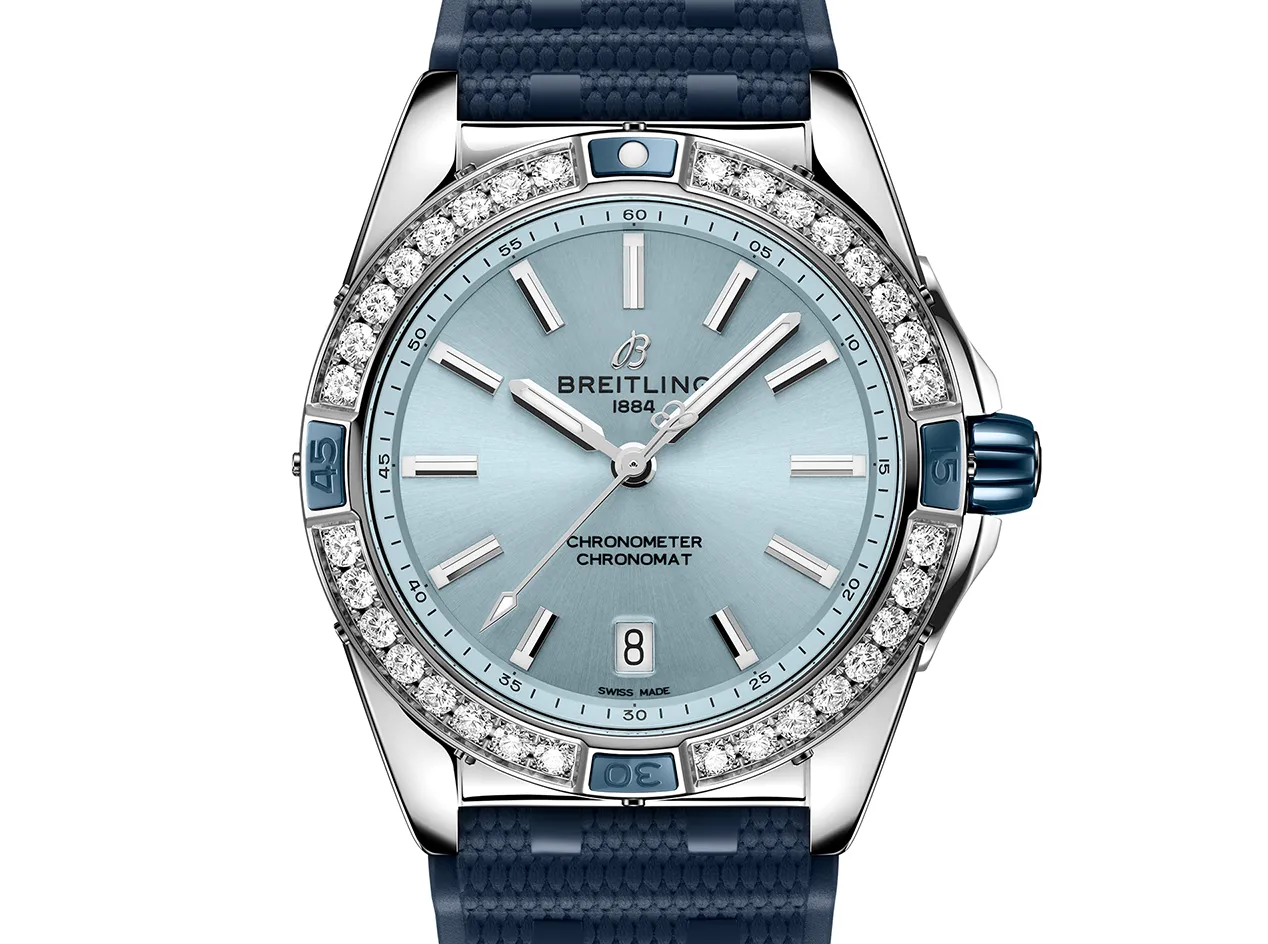 Breitling Super Chronomat 38mm Diamond Watch with Blue Rubber Strap