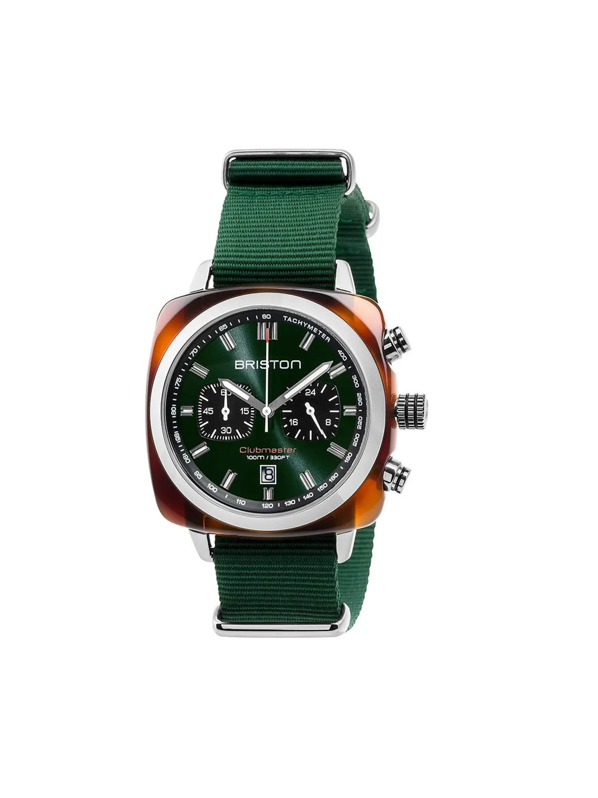 Briston Clubmaster Sport Acetate Chronograph Tortoise Shell British Green Sunray Dial 42mm