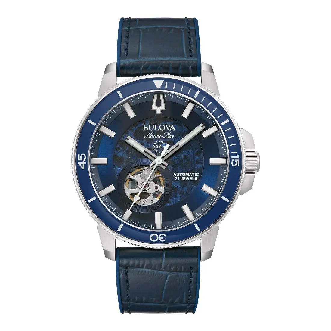 Bulova Marine Star Mens Automatic Stainless Steel Blue Leather Strap Watch