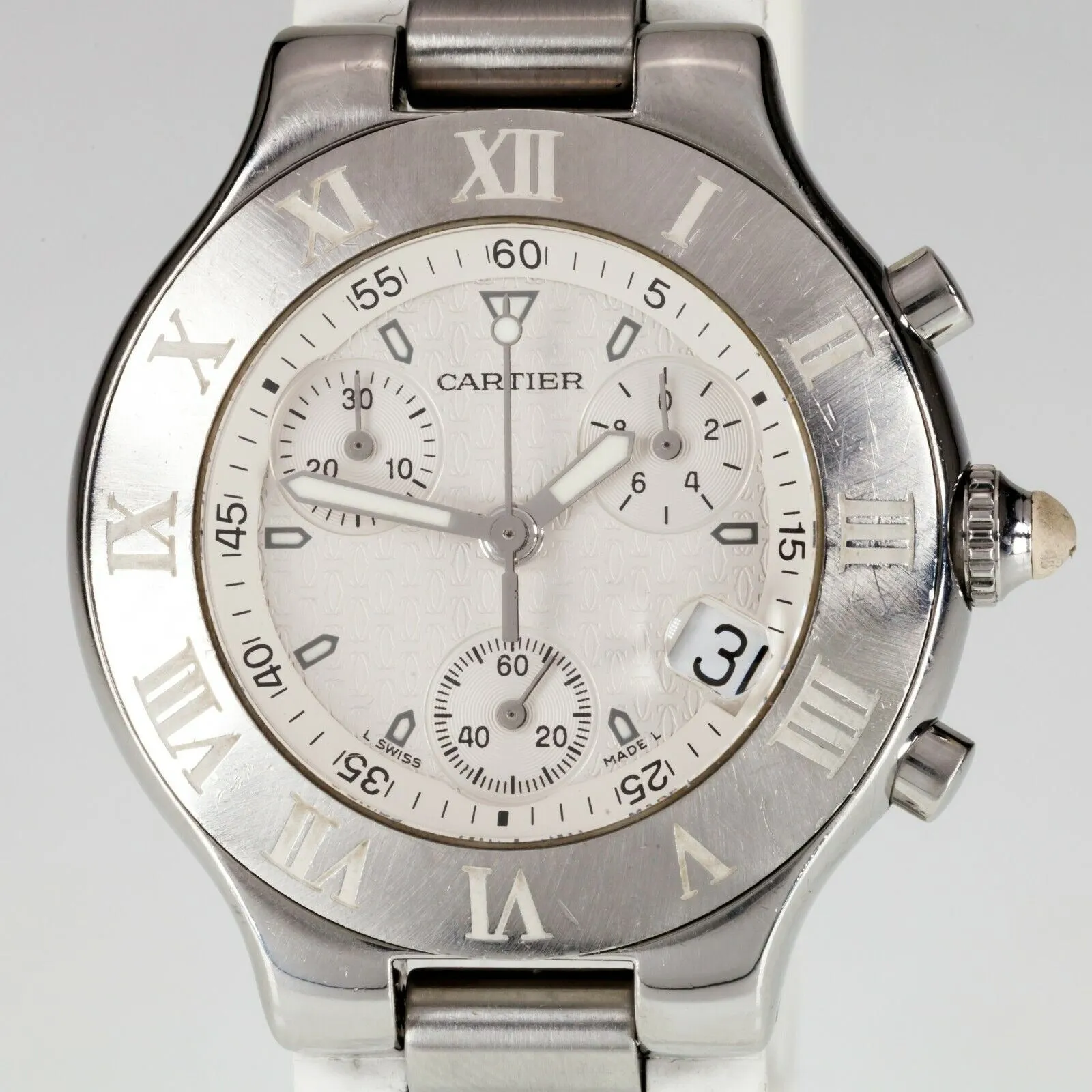 Cartier 2424 Quartz Chronoscaph Watch with Steel and White Rubber Band