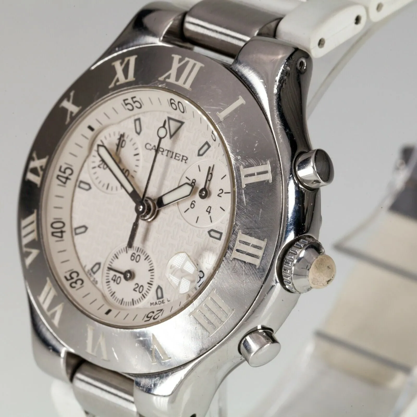 Cartier 2424 Quartz Chronoscaph Watch with Steel and White Rubber Band