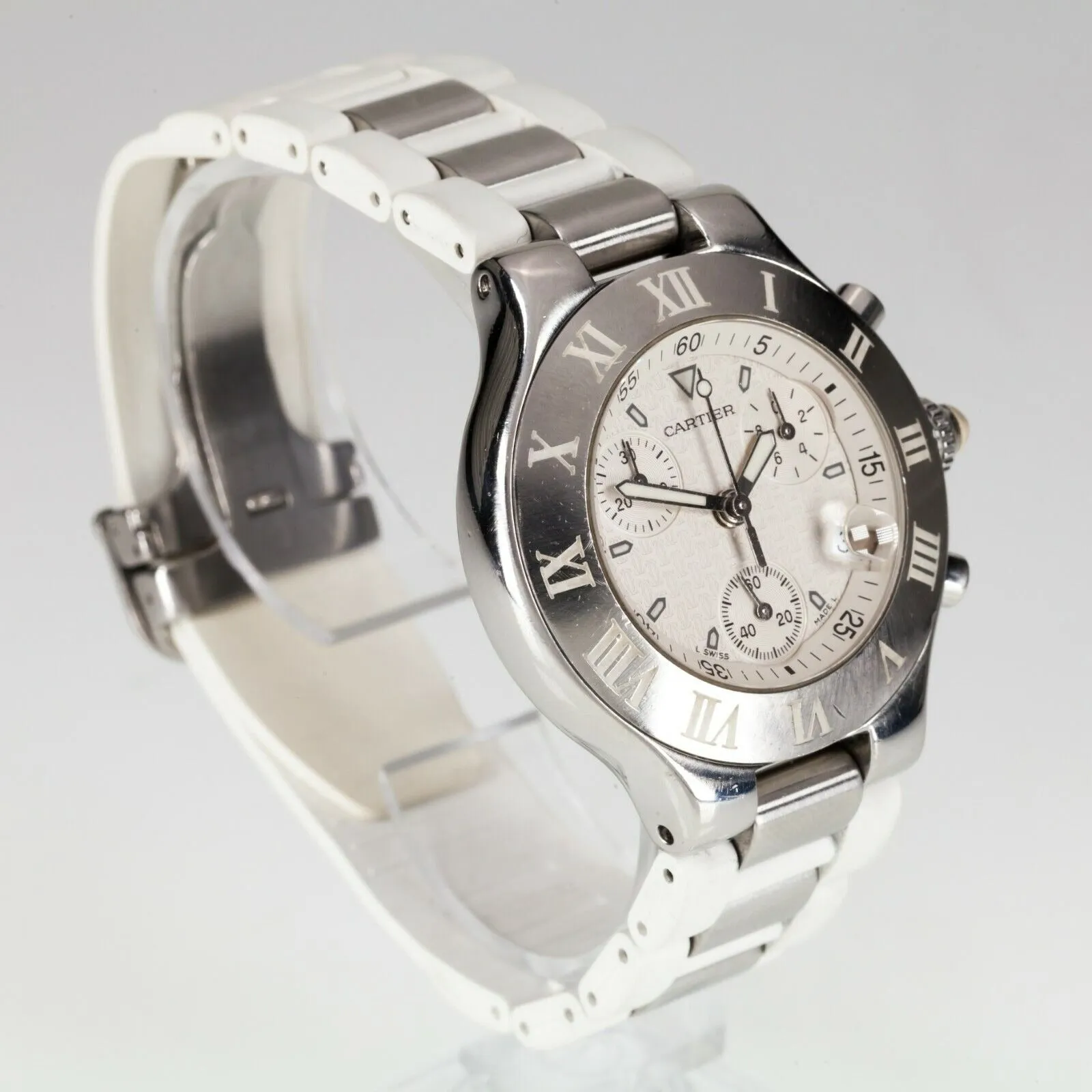 Cartier 2424 Quartz Chronoscaph Watch with Steel and White Rubber Band