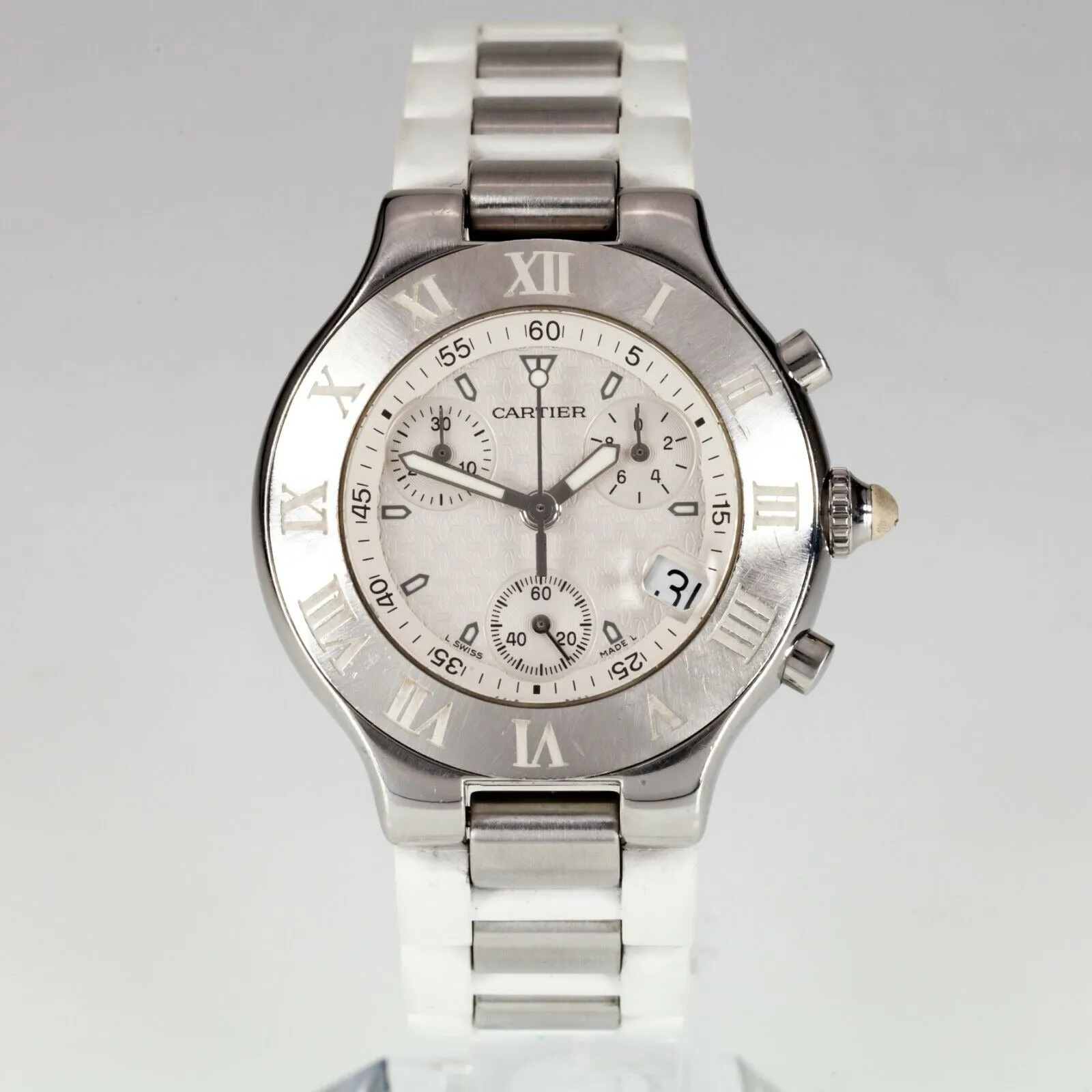 Cartier 2424 Quartz Chronoscaph Watch with Steel and White Rubber Band