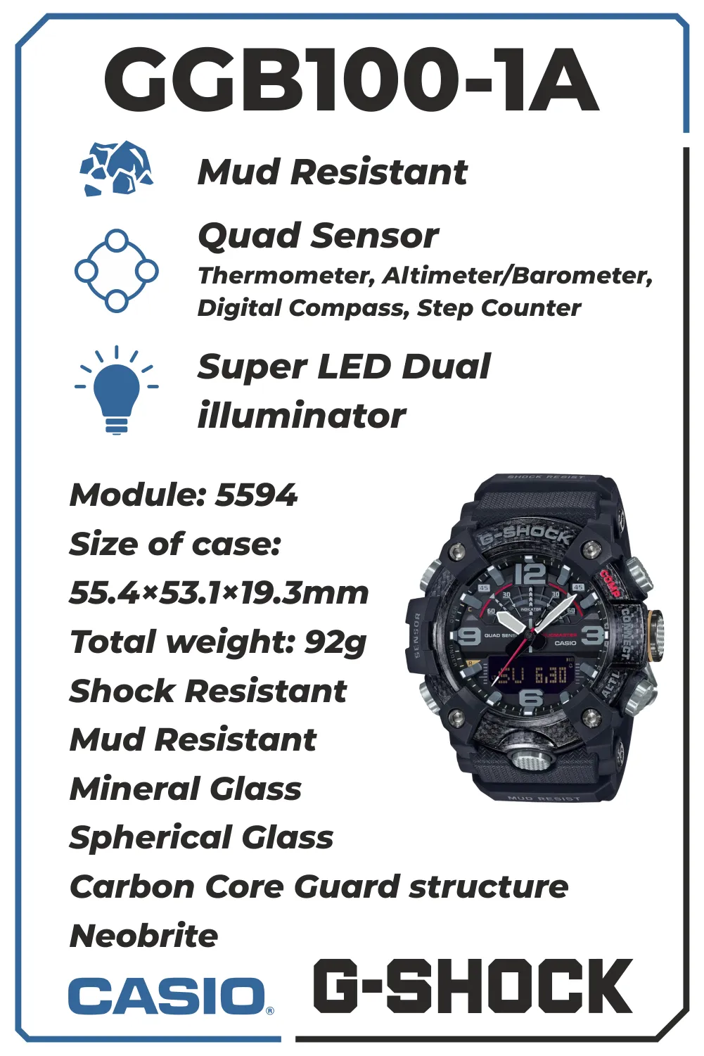 Casio G-Shock Master of G Mudmaster Men's Watch with Wearable4U Power Pack Bundle