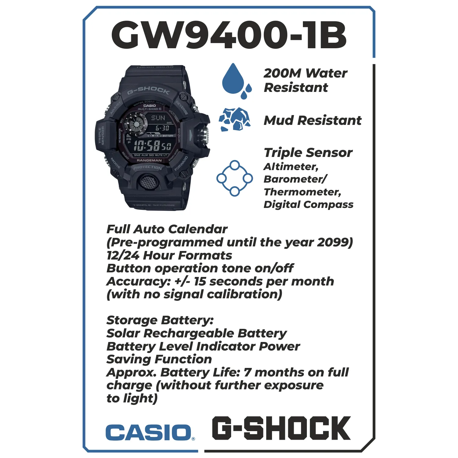 Casio Men G-Shock Master of G Rangeman Black Watch GW9400-1B