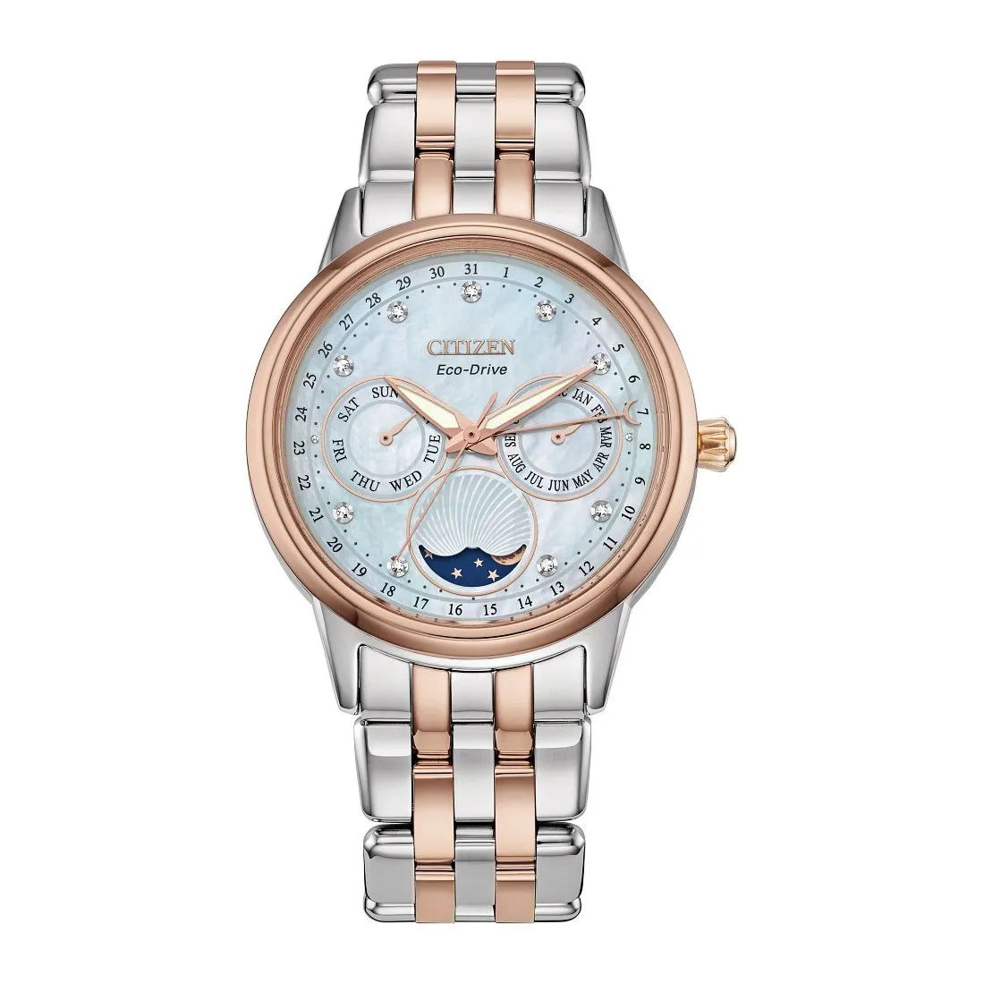 Citizen Calendrier Ladies Eco Drive Two Tone Diamond and Mother of Pearl Dial Watch