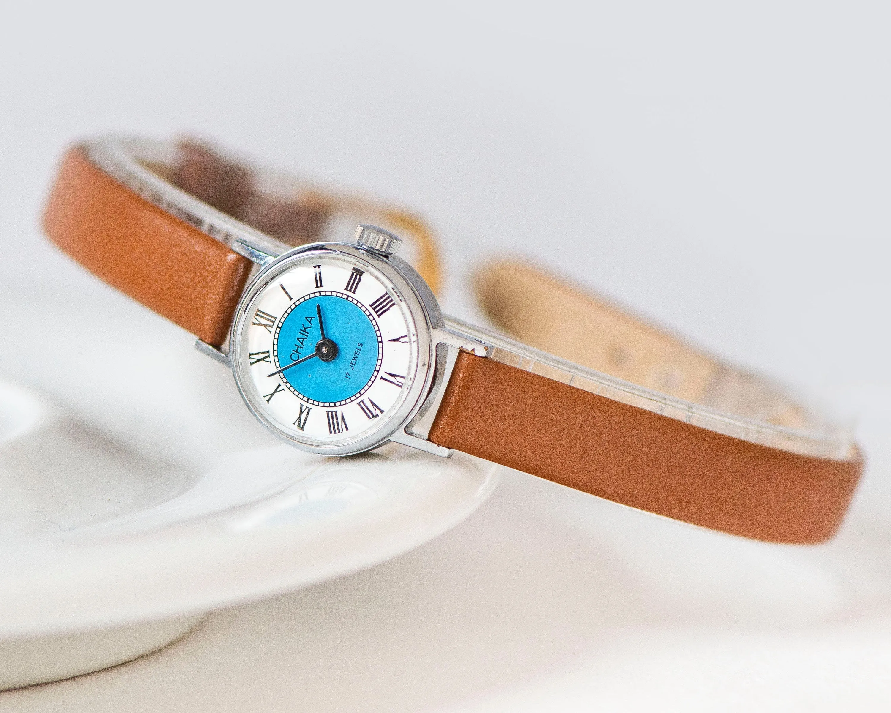 Classical Women Watch Blue Face Roman Numerals, Vintage Wristwatch Round, Women's Tiny Gift Watch Seagull Gift Retro, New Leather Strap