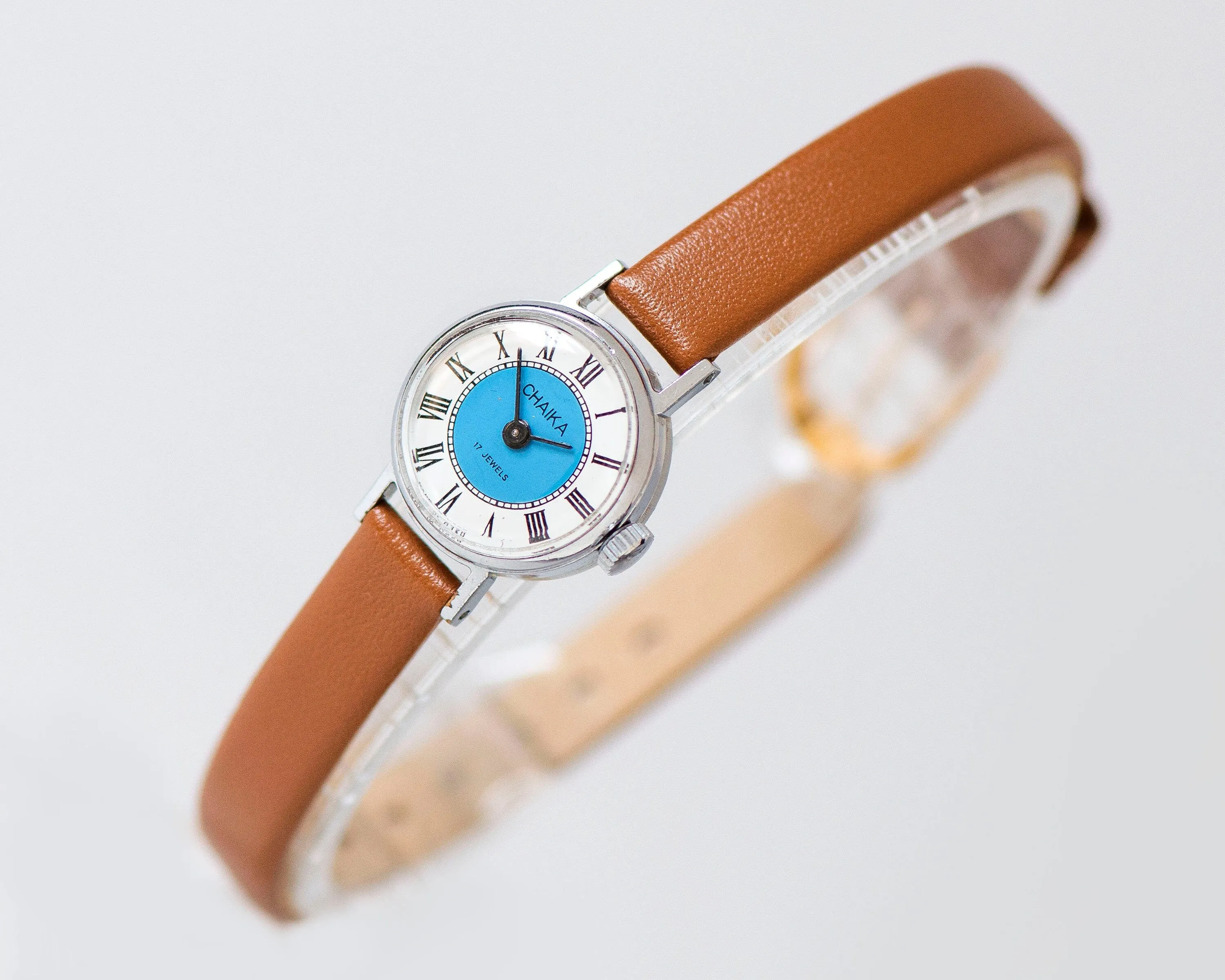 Classical Women Watch Blue Face Roman Numerals, Vintage Wristwatch Round, Women's Tiny Gift Watch Seagull Gift Retro, New Leather Strap