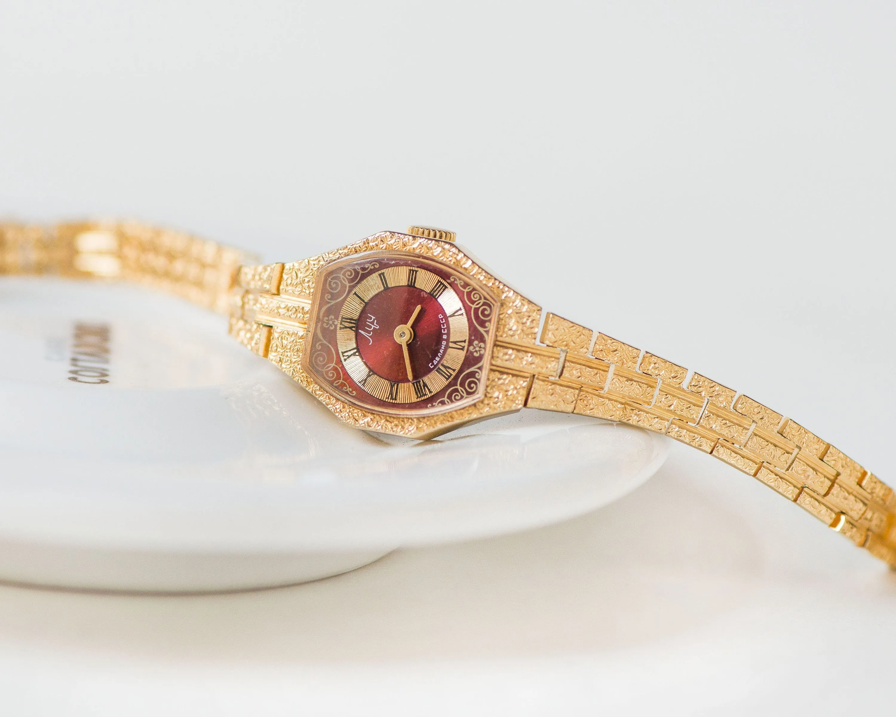 Cocktail wristwatch for women Ray, gold plated women's watch burgundy dial, boho folk women watch evening accessory chic women watch gift