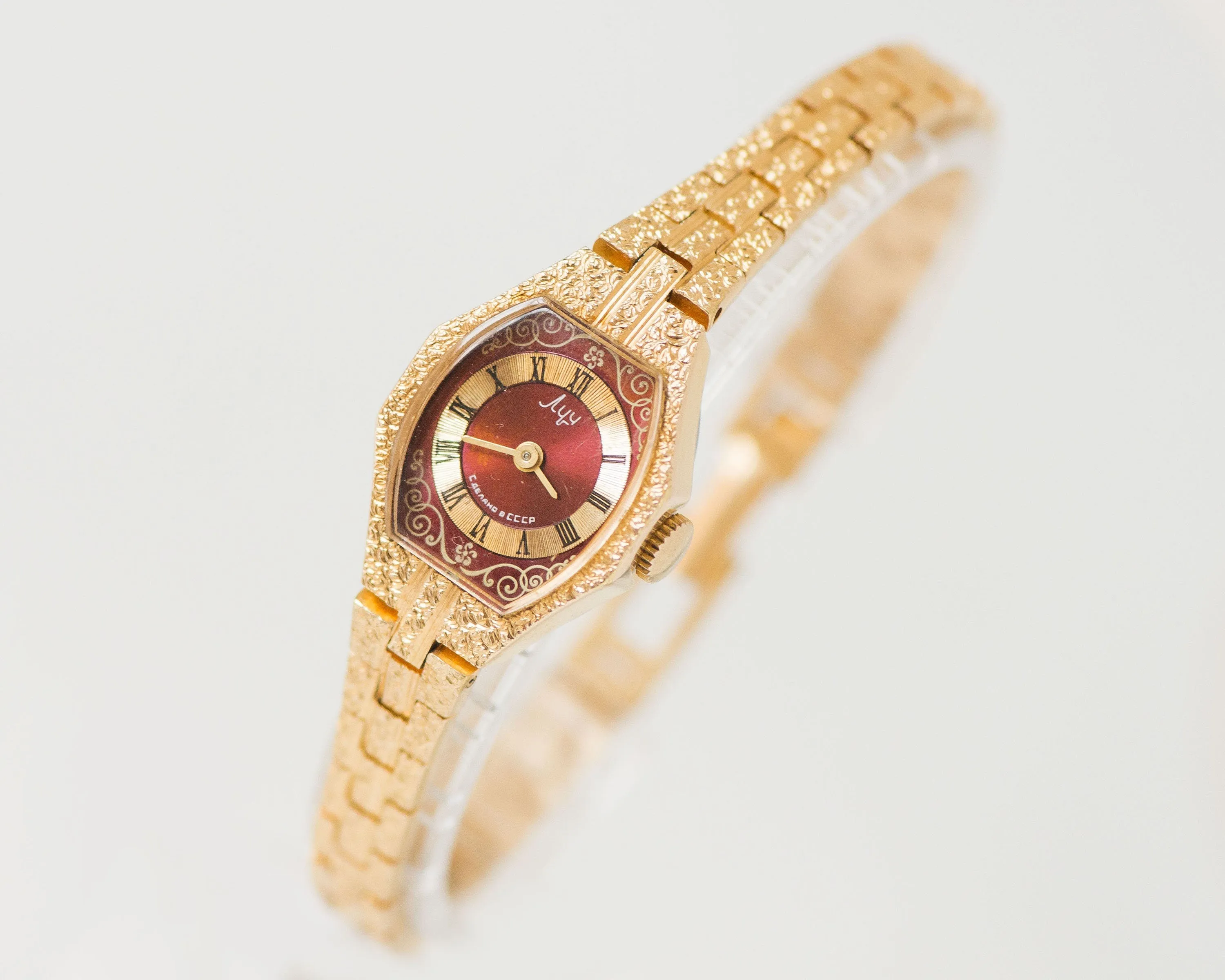 Cocktail wristwatch for women Ray, gold plated women's watch burgundy dial, boho folk women watch evening accessory chic women watch gift