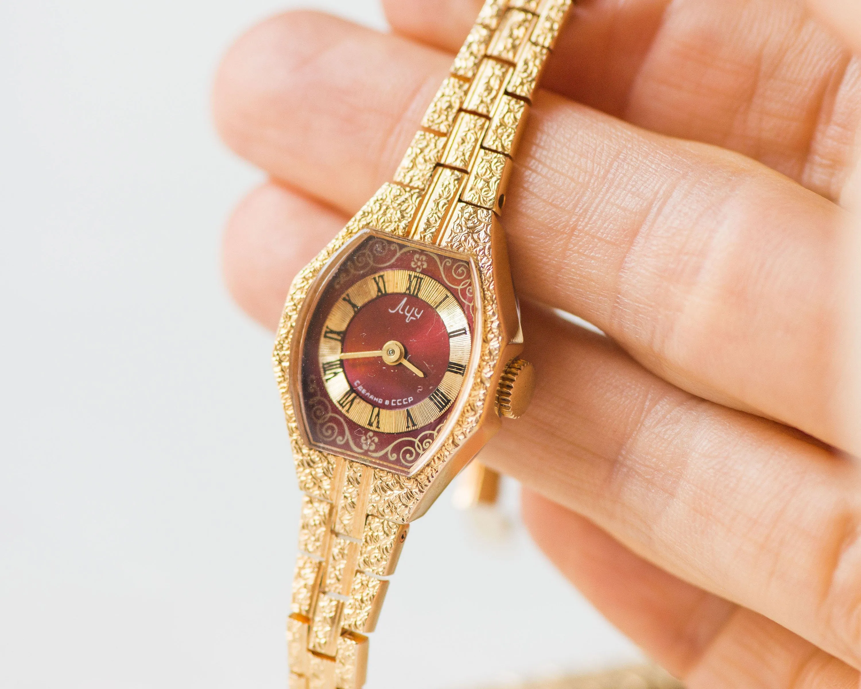 Cocktail wristwatch for women Ray, gold plated women's watch burgundy dial, boho folk women watch evening accessory chic women watch gift