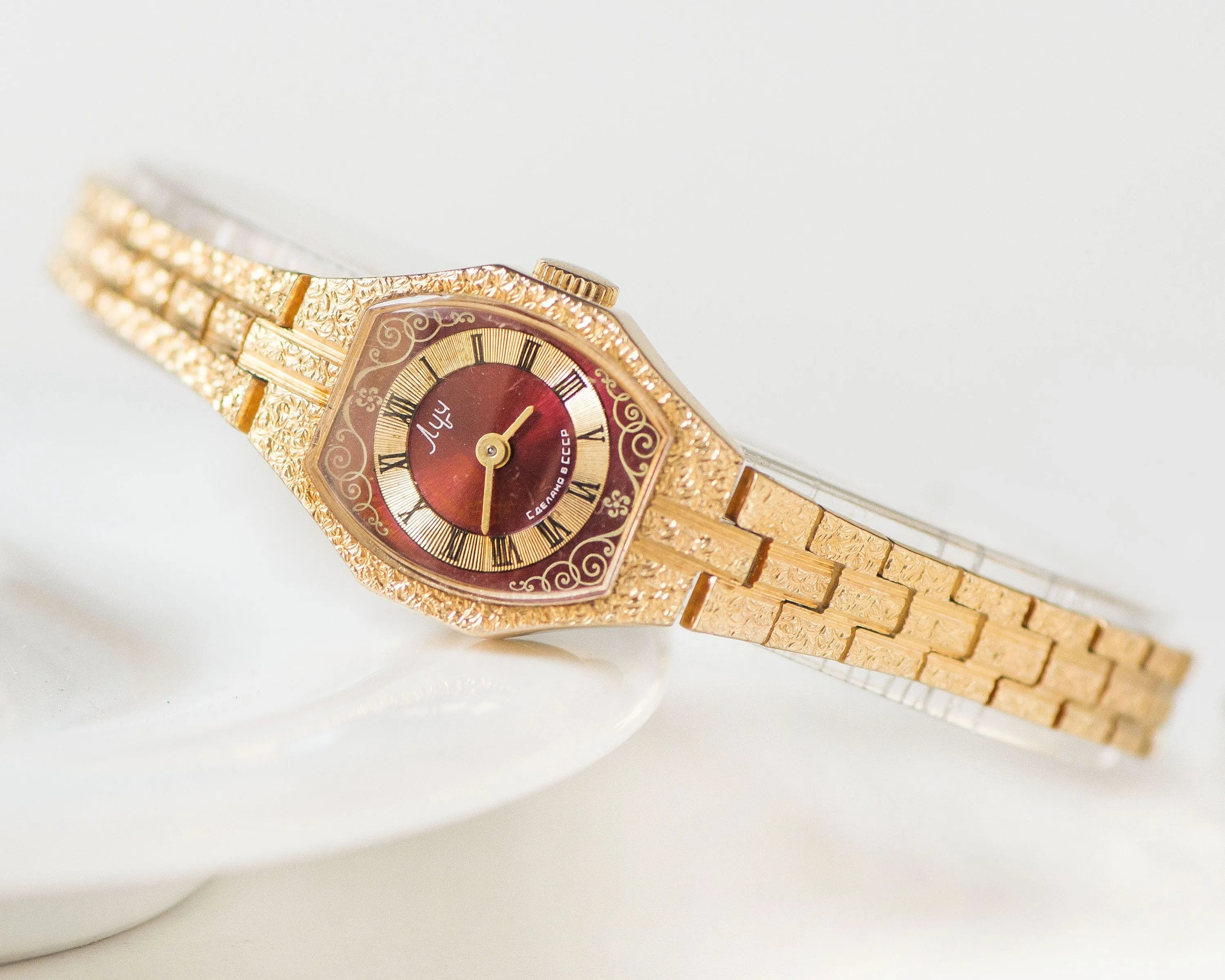 Cocktail wristwatch for women Ray, gold plated women's watch burgundy dial, boho folk women watch evening accessory chic women watch gift