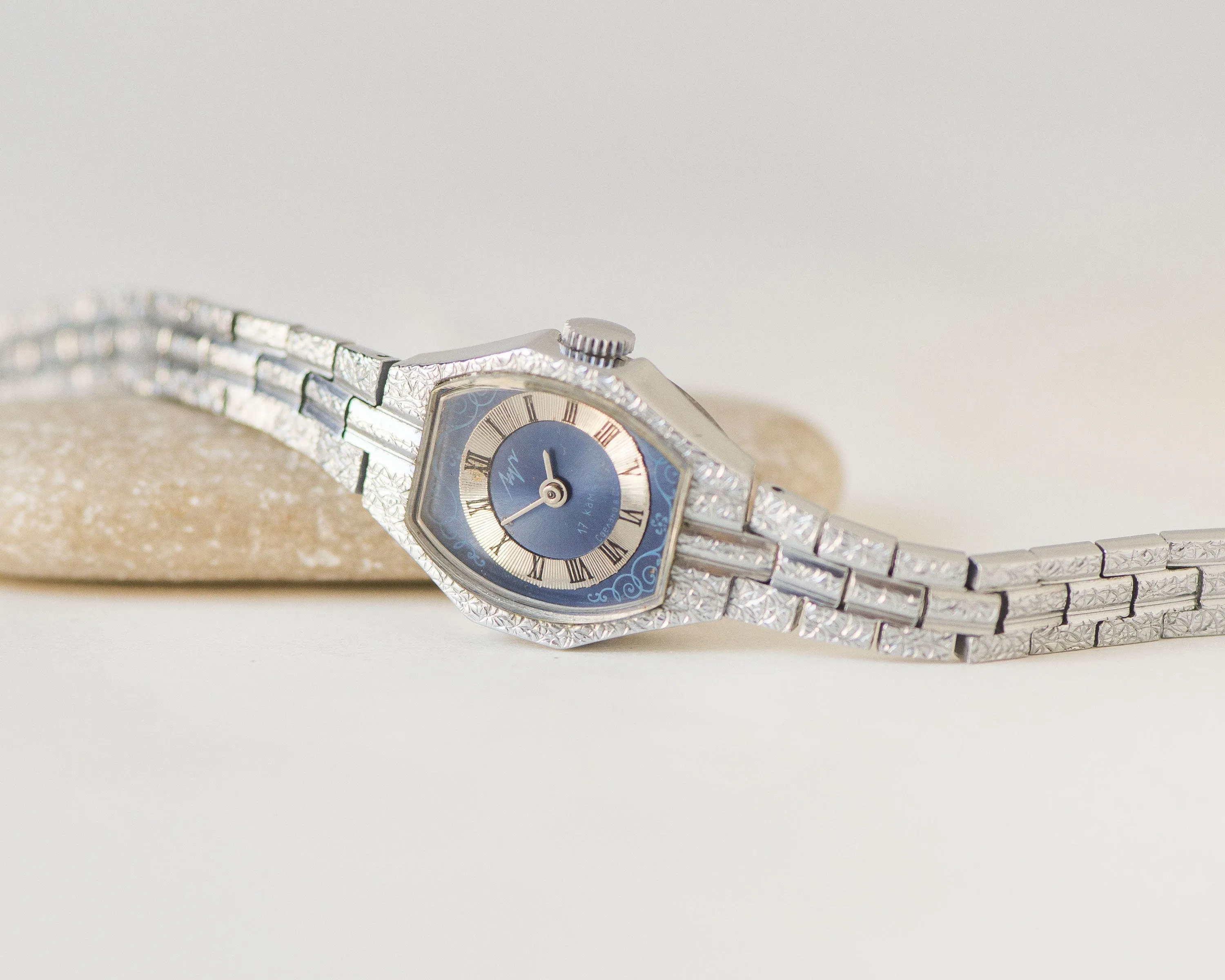 Cocktail wristwatch for women Ray, silver shade women's watch blue dial, bohemian women watch evening accessory, chic women watch gift