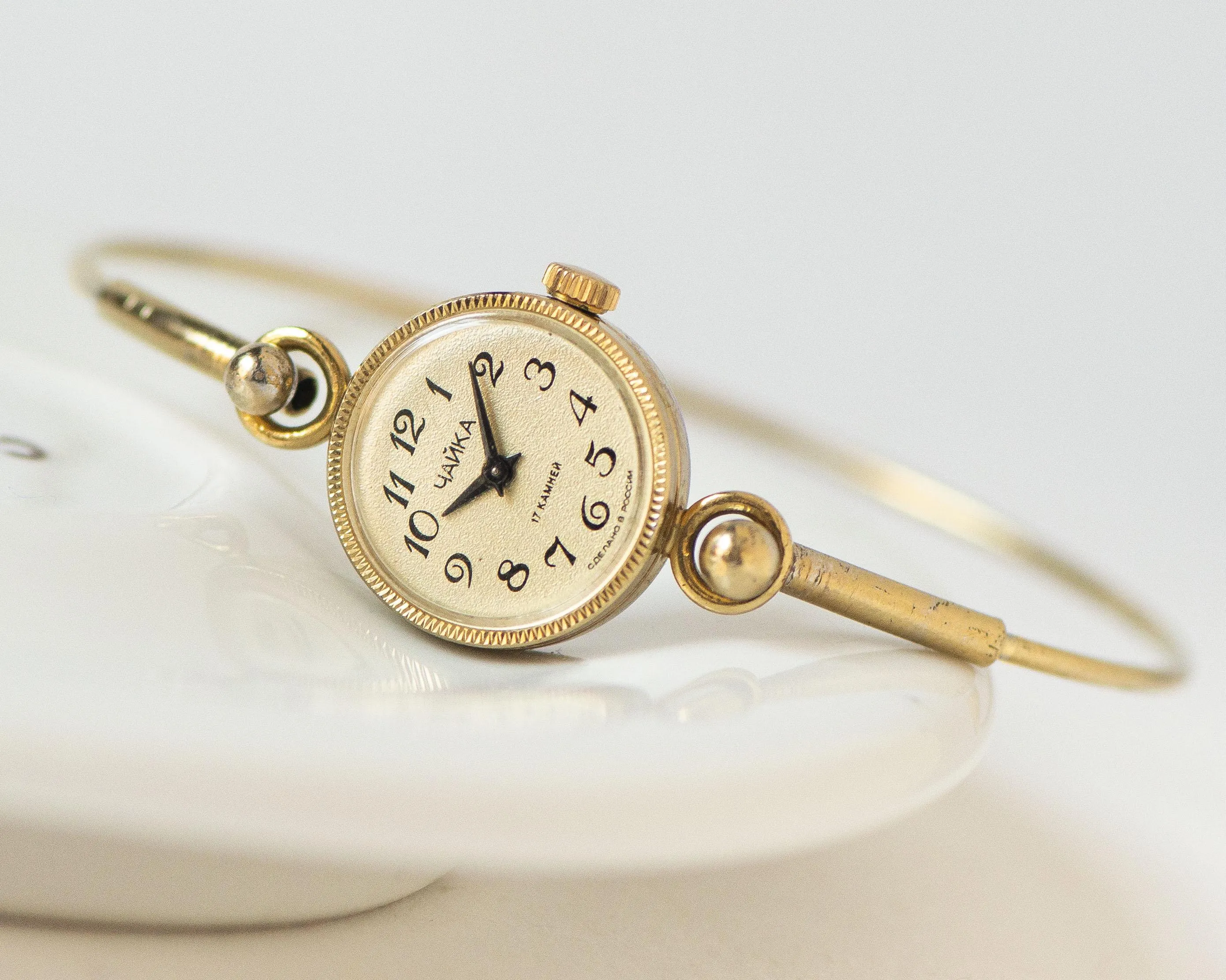 Delicate cocktail watch for women Seagull vintage gift, tiny bracelet lady wristwatch gold plated, Arabic numerals dial jewelry serviced