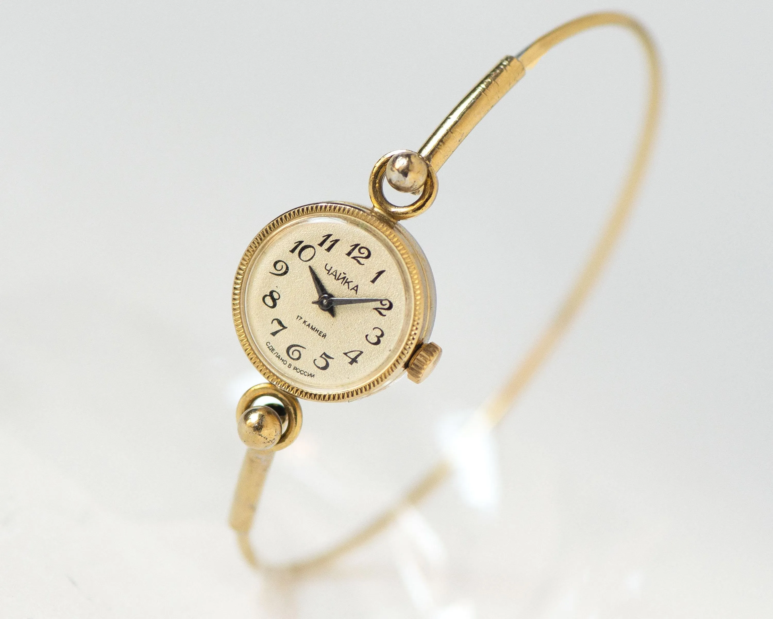 Delicate cocktail watch for women Seagull vintage gift, tiny bracelet lady wristwatch gold plated, Arabic numerals dial jewelry serviced