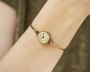 Delicate cocktail watch for women Seagull vintage gift, tiny bracelet lady wristwatch gold plated, Arabic numerals dial jewelry serviced