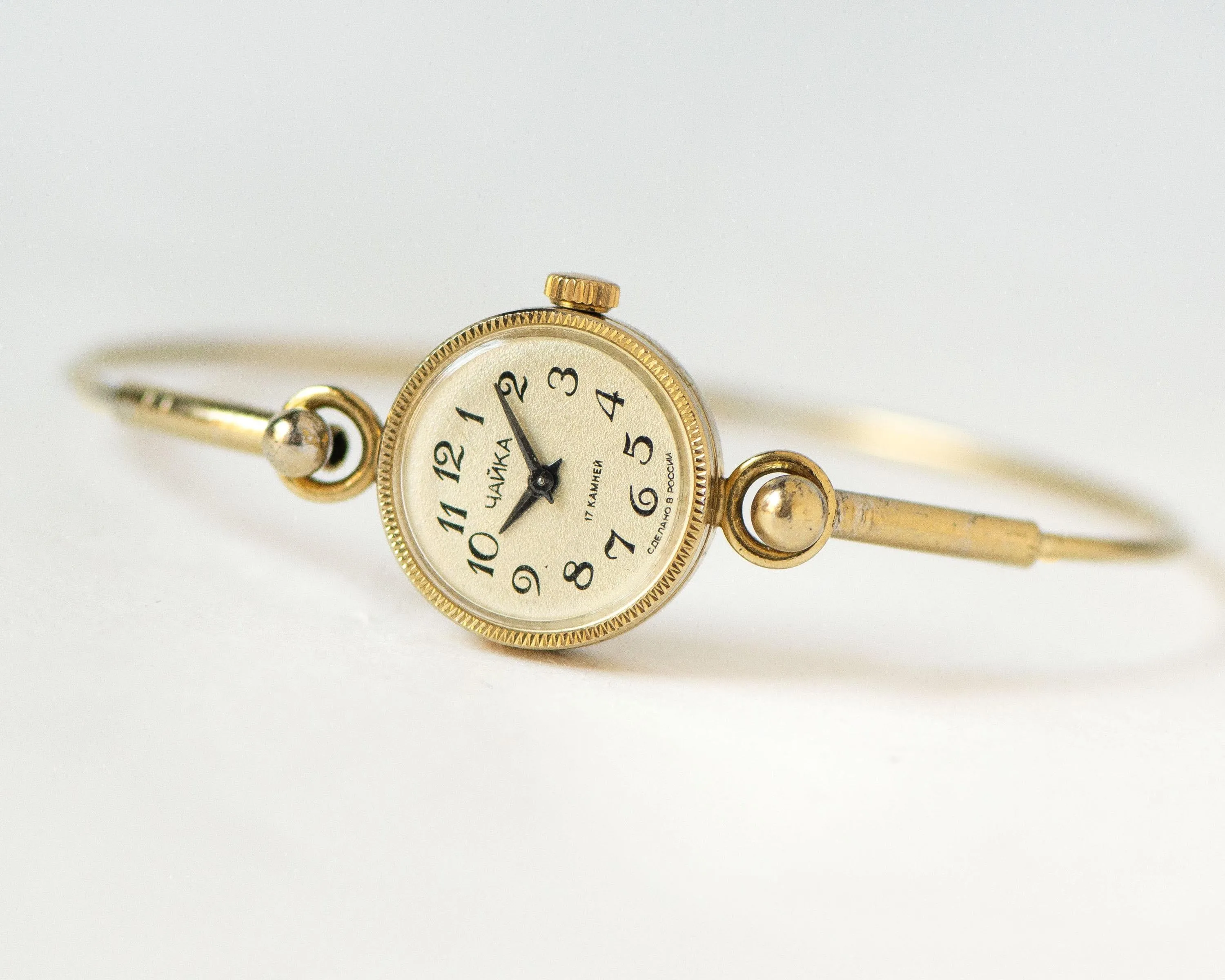 Delicate cocktail watch for women Seagull vintage gift, tiny bracelet lady wristwatch gold plated, Arabic numerals dial jewelry serviced