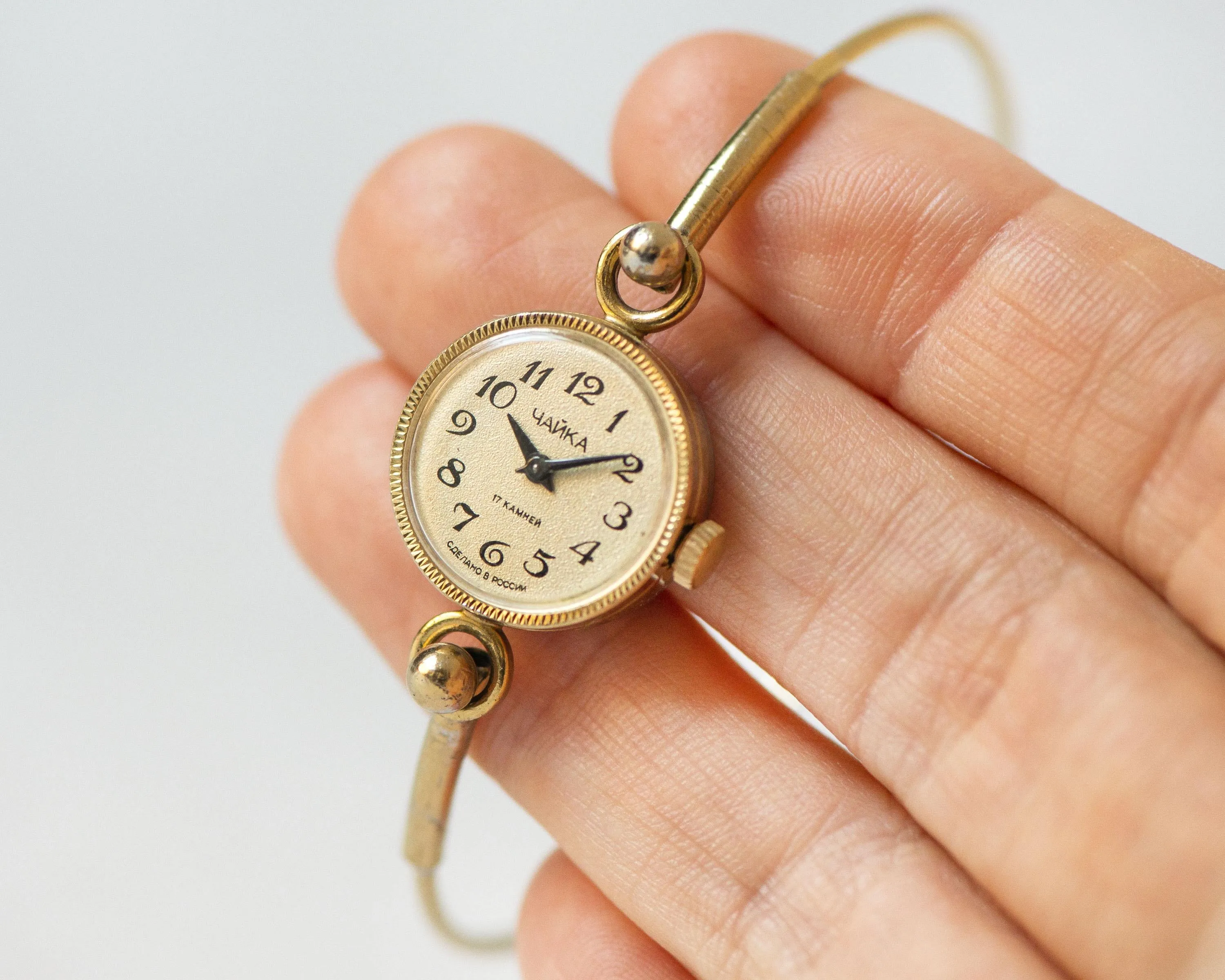 Delicate cocktail watch for women Seagull vintage gift, tiny bracelet lady wristwatch gold plated, Arabic numerals dial jewelry serviced