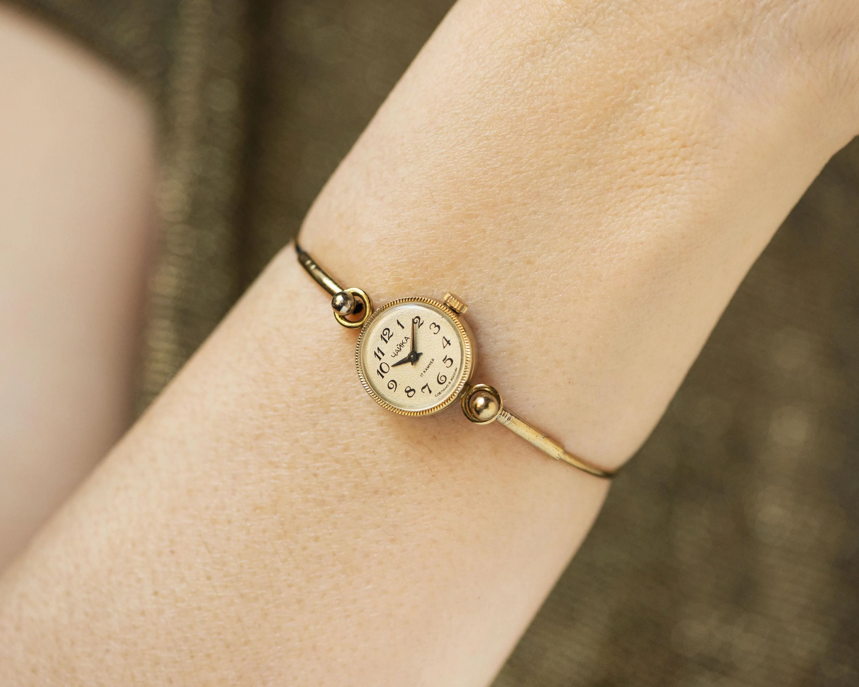 Delicate cocktail watch for women Seagull vintage gift, tiny bracelet lady wristwatch gold plated, Arabic numerals dial jewelry serviced