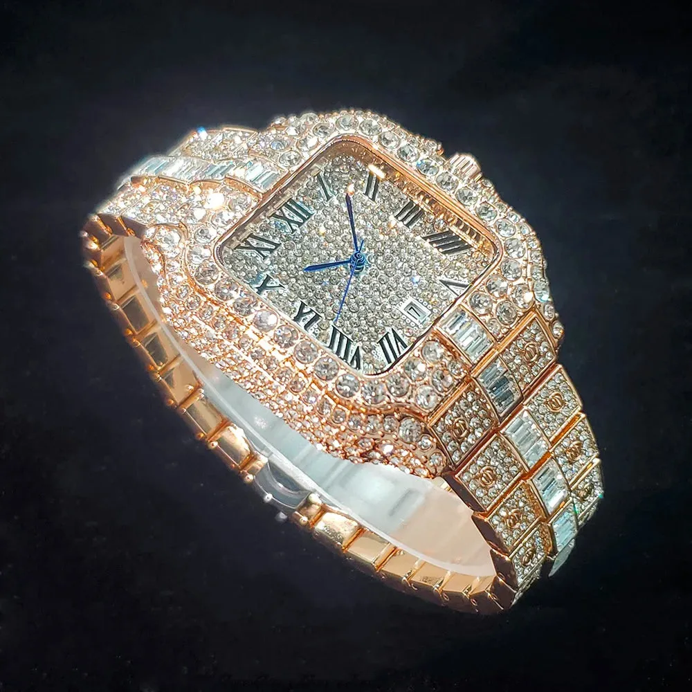 Diamond Watch For Men- Rose Gold Iced Out Quarz