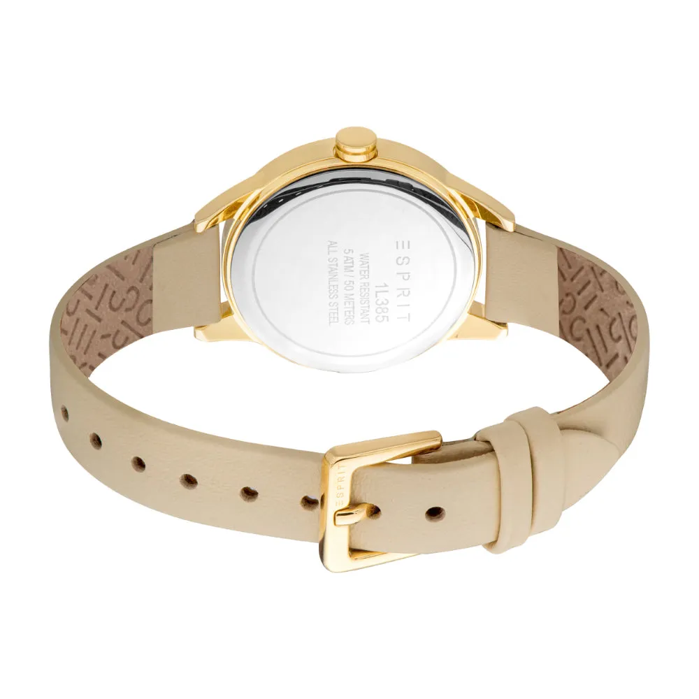 ESPRIT Women's Glitter Dial Gold Watch with Beige Leather Strap