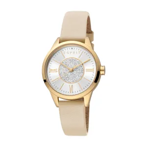 ESPRIT Women's Glitter Dial Gold Watch with Beige Leather Strap