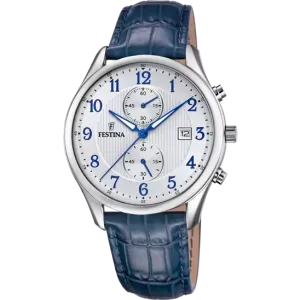 Festina Timeless Chronograph Gents White Dial Blue Leather Strap Watch