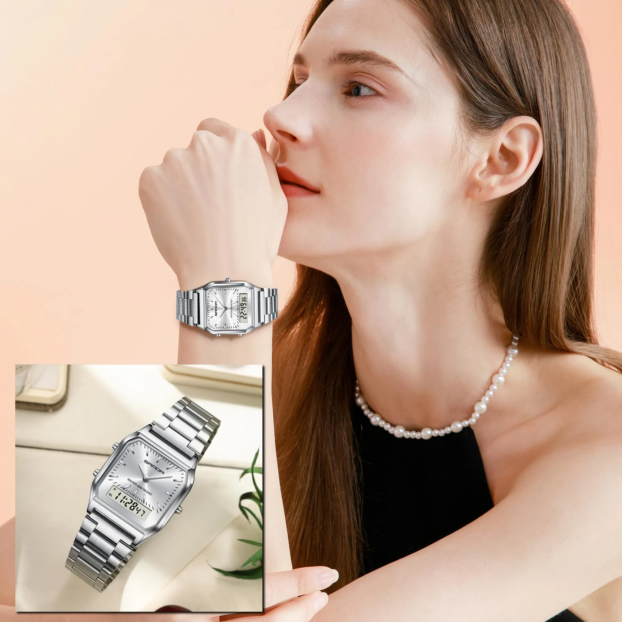 Findtime Analogue Digital Watch for Women Men 5ATM Waterproof Watch Stopwatch Alarm Wrist Watch Stainless Steel Business Silver Watch LED Backlight Casual Ladies Watch