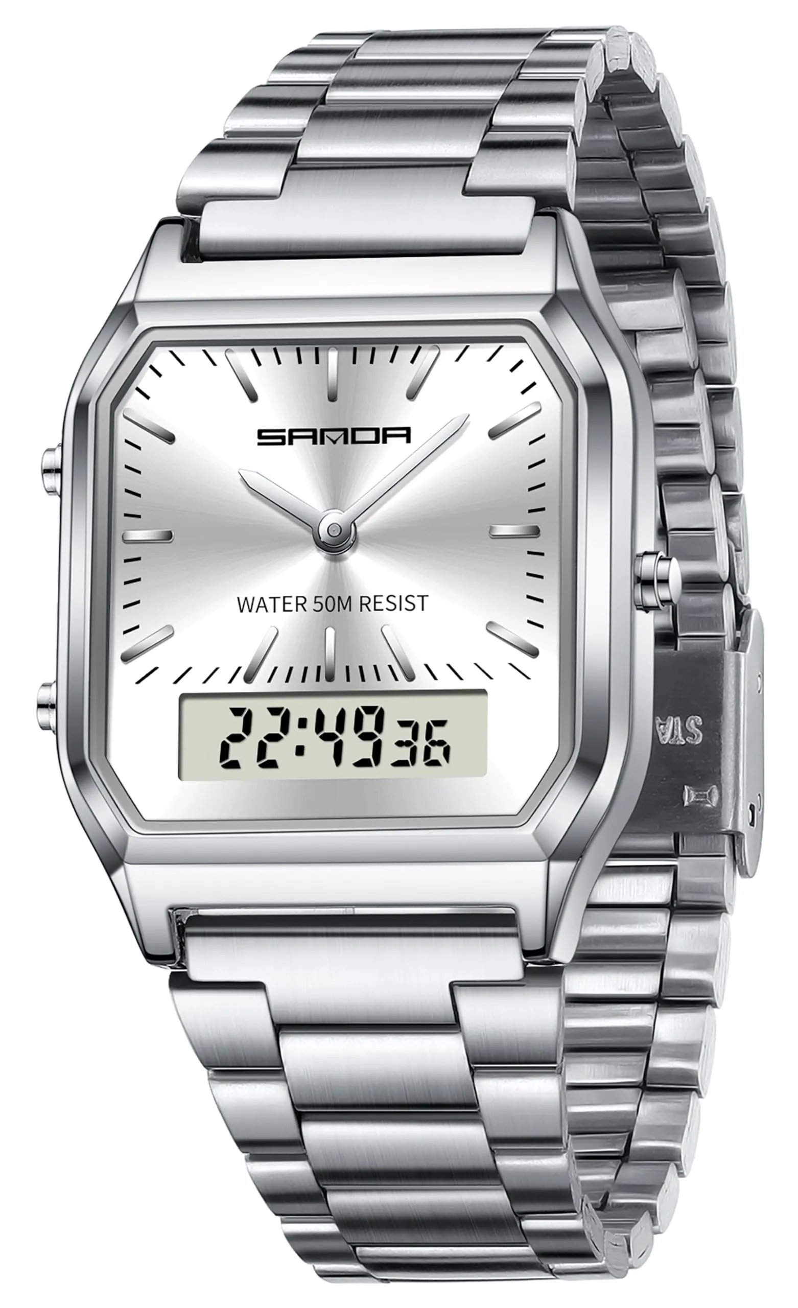 Findtime Analogue Digital Watch for Women Men 5ATM Waterproof Watch Stopwatch Alarm Wrist Watch Stainless Steel Business Silver Watch LED Backlight Casual Ladies Watch