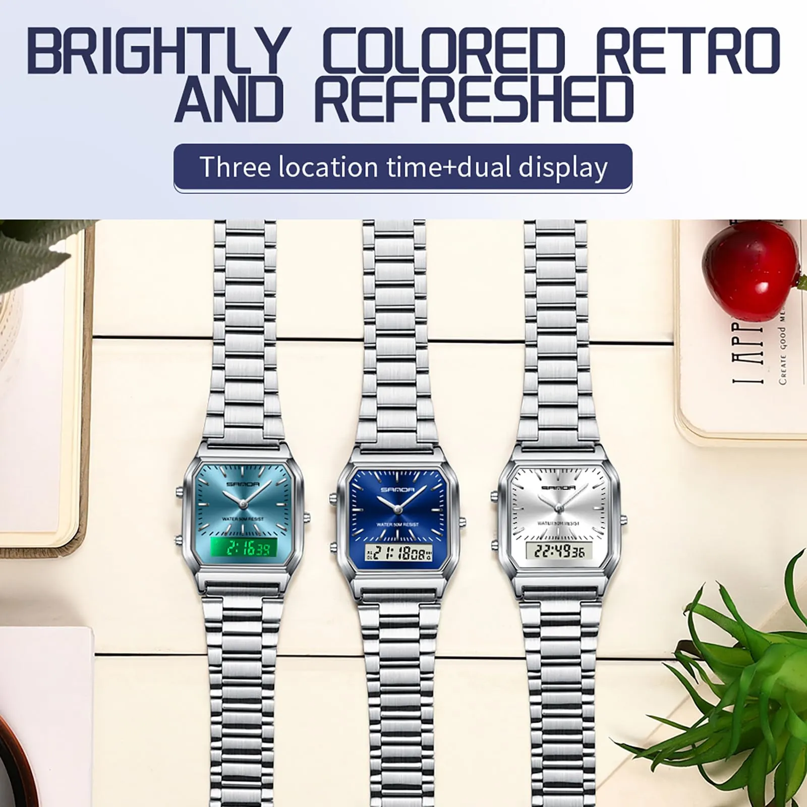 Findtime Analogue Digital Watch for Women Men 5ATM Waterproof Watch Stopwatch Alarm Wrist Watch Stainless Steel Business Silver Watch LED Backlight Casual Ladies Watch